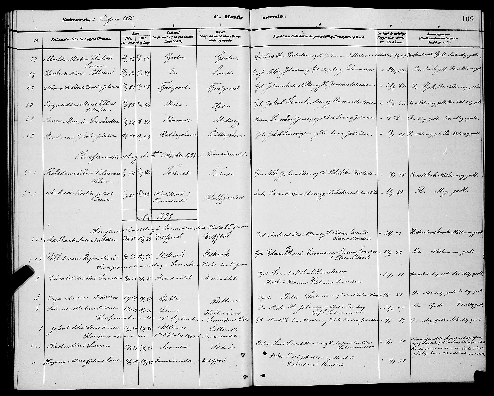 Lenvik sokneprestembete, AV/SATØ-S-1310/H/Ha/Hab/L0021klokker: Parish register (copy) no. 21, 1884-1900, p. 109