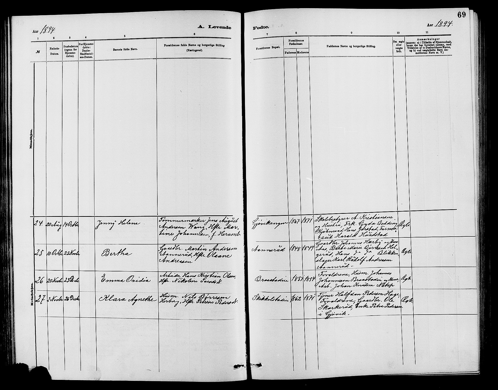 Vardal prestekontor, SAH/PREST-100/H/Ha/Hab/L0007: Parish register (copy) no. 7 /1, 1881-1895, p. 69