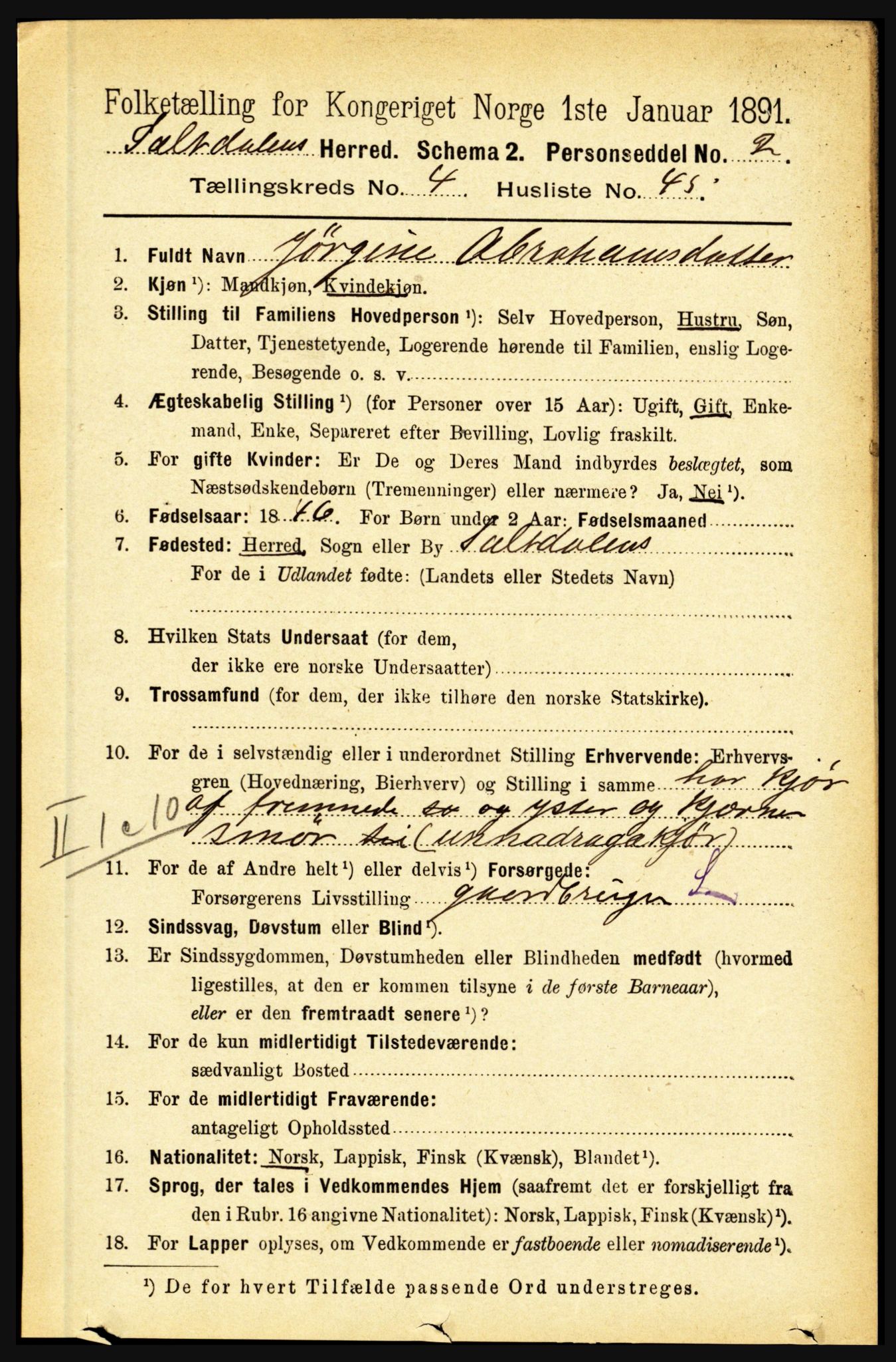 RA, 1891 census for 1840 Saltdal, 1891, p. 2629