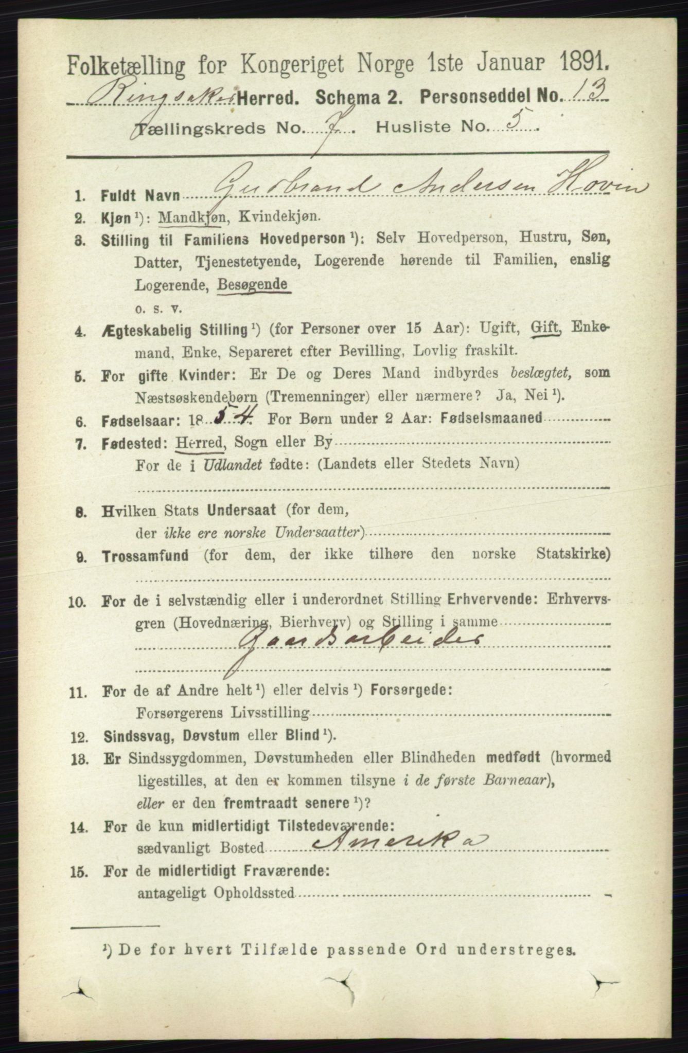 RA, 1891 census for 0412 Ringsaker, 1891, p. 3909