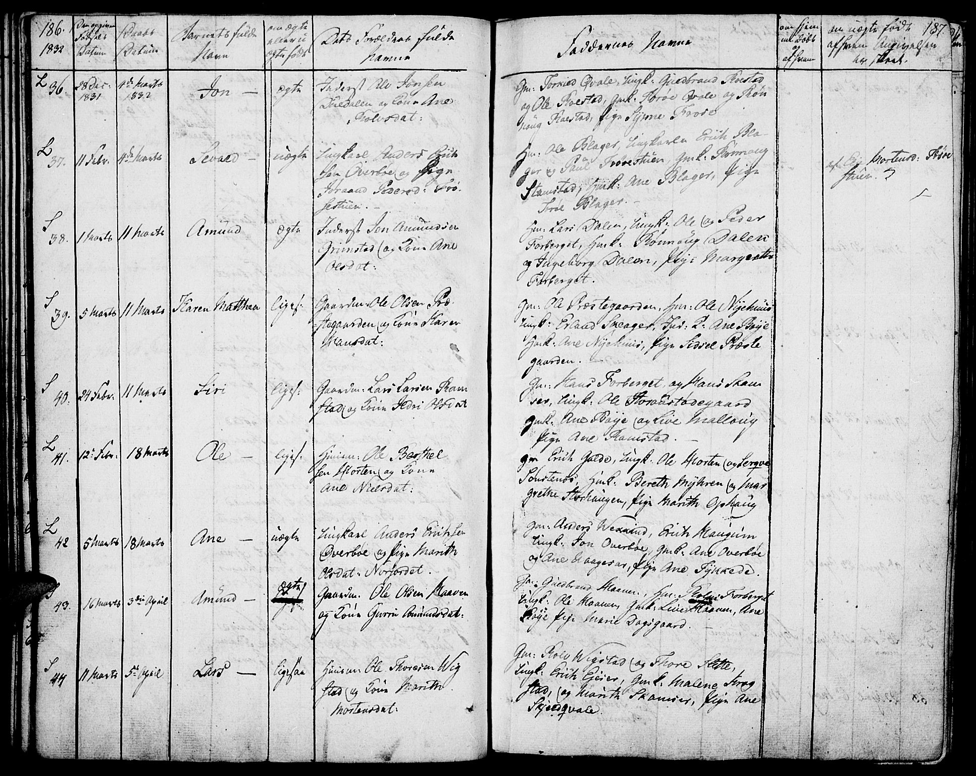 Lom prestekontor, SAH/PREST-070/K/L0005: Parish register (official) no. 5, 1825-1837, p. 186-187