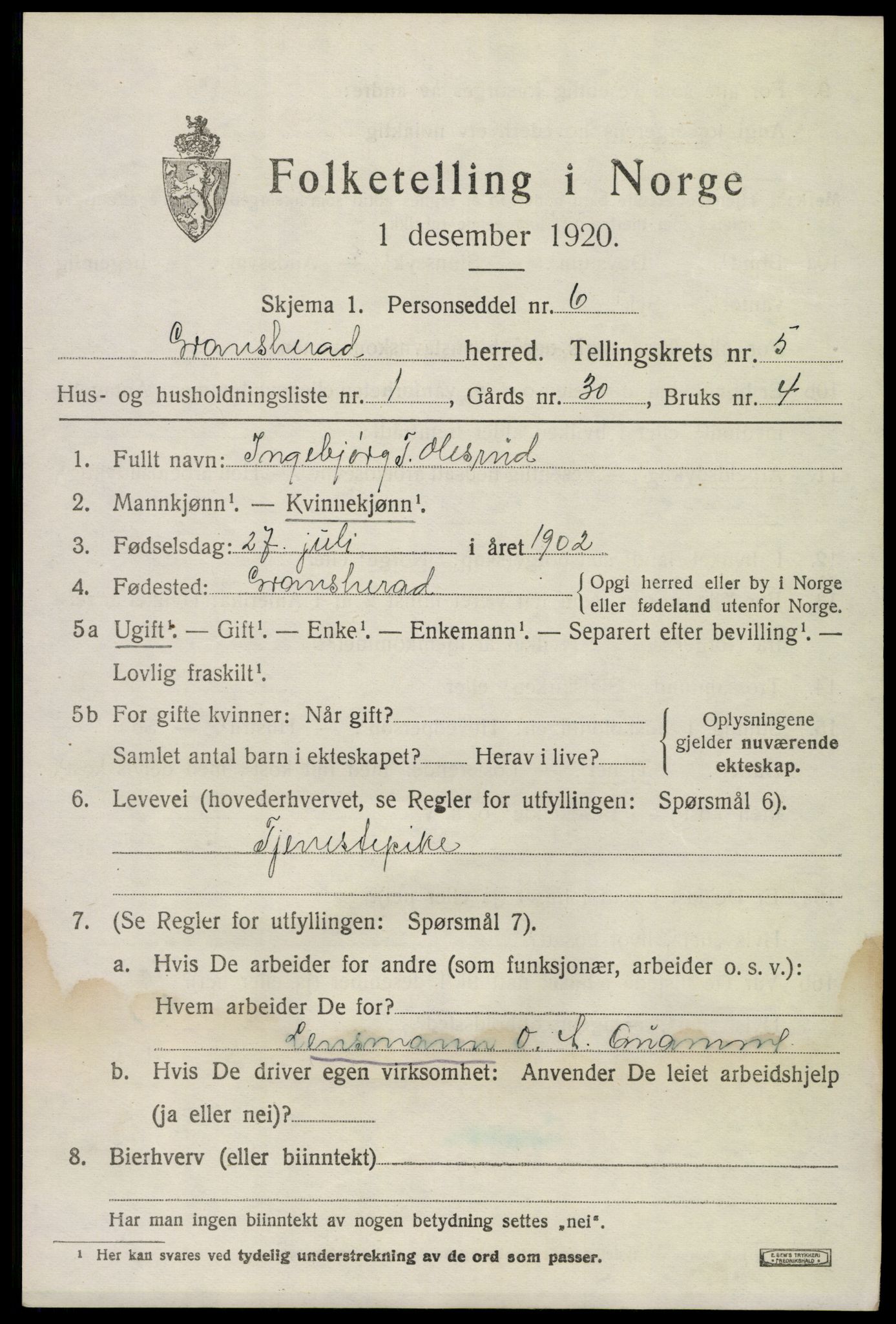 SAKO, 1920 census for Gransherad, 1920, p. 1974