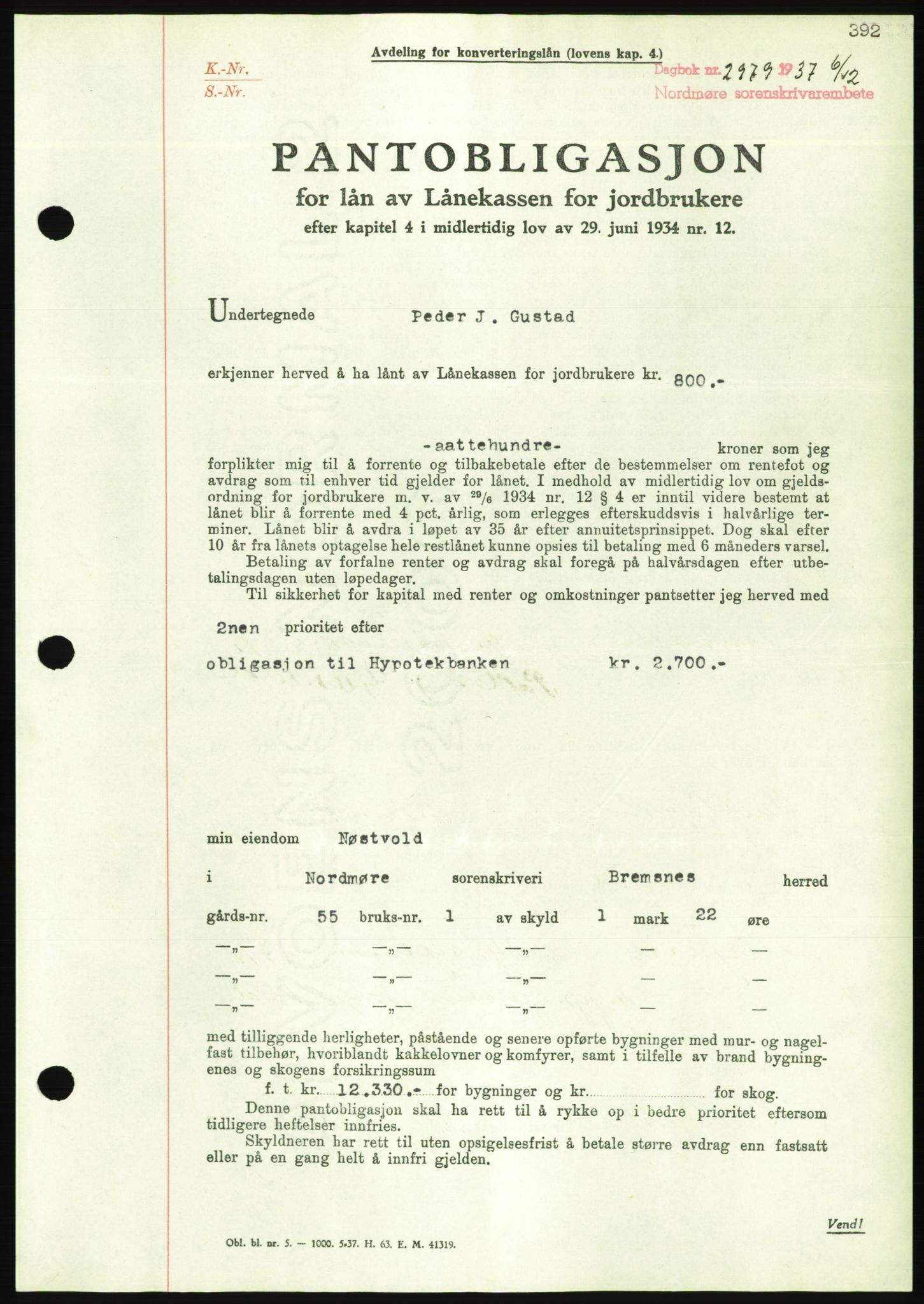 Nordmøre sorenskriveri, AV/SAT-A-4132/1/2/2Ca/L0092: Mortgage book no. B82, 1937-1938, Diary no: : 2979/1937