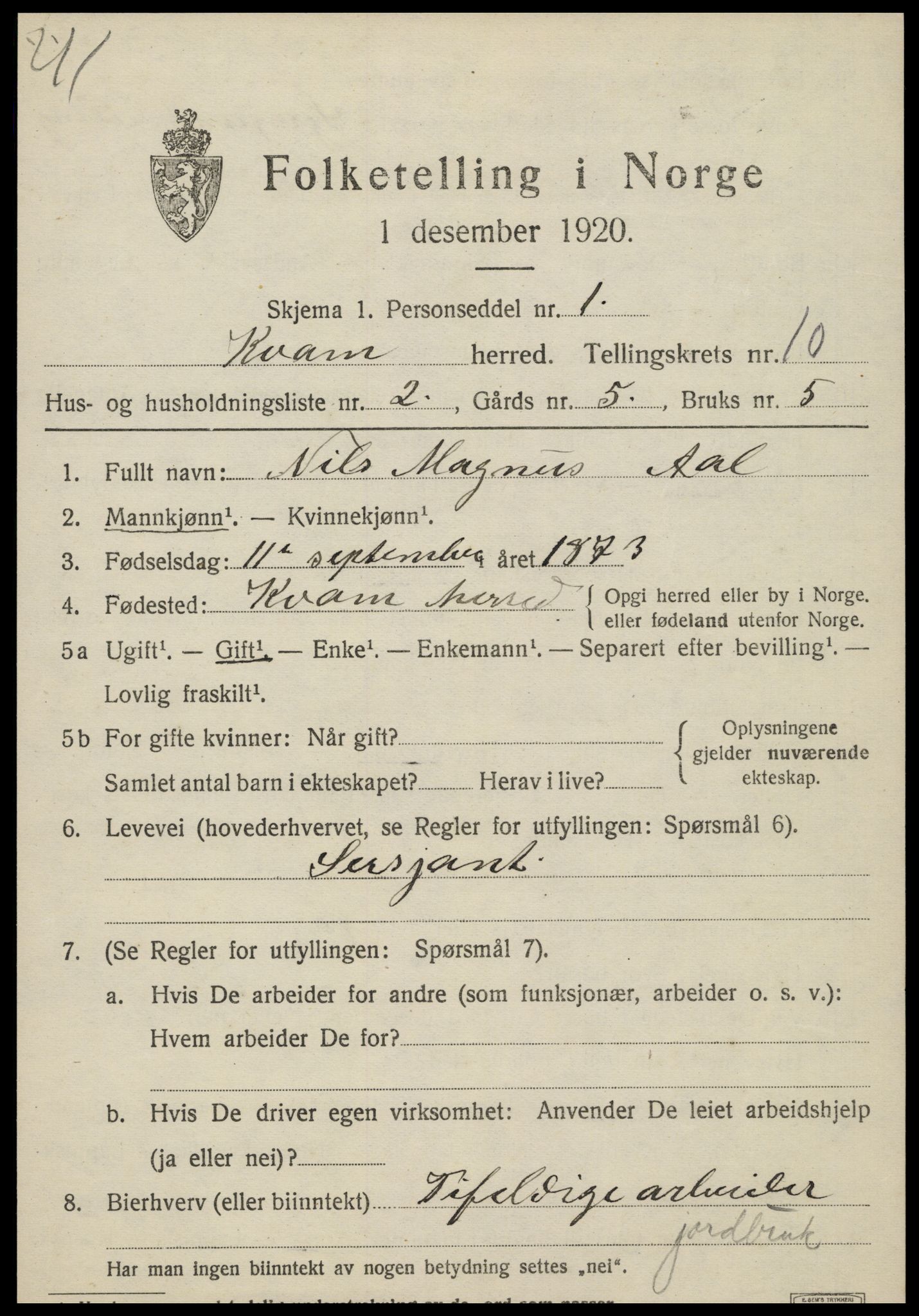 SAT, 1920 census for Kvam, 1920, p. 2521