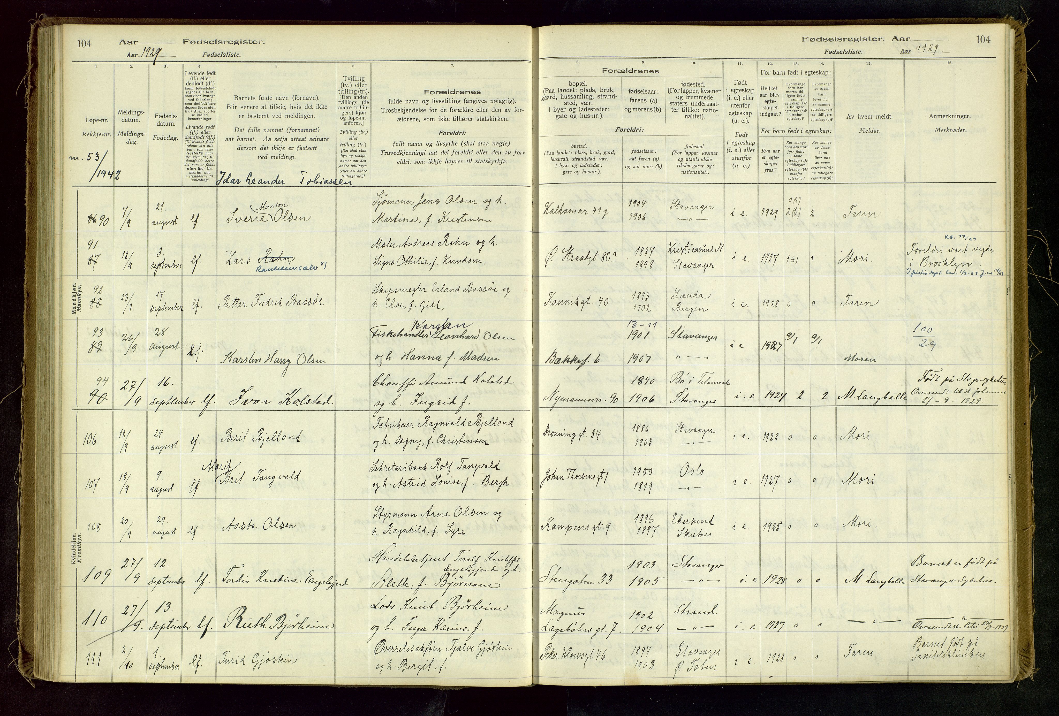 Domkirken sokneprestkontor, AV/SAST-A-101812/002/A/L0001: Birth register no. 1, 1925-1932, p. 104