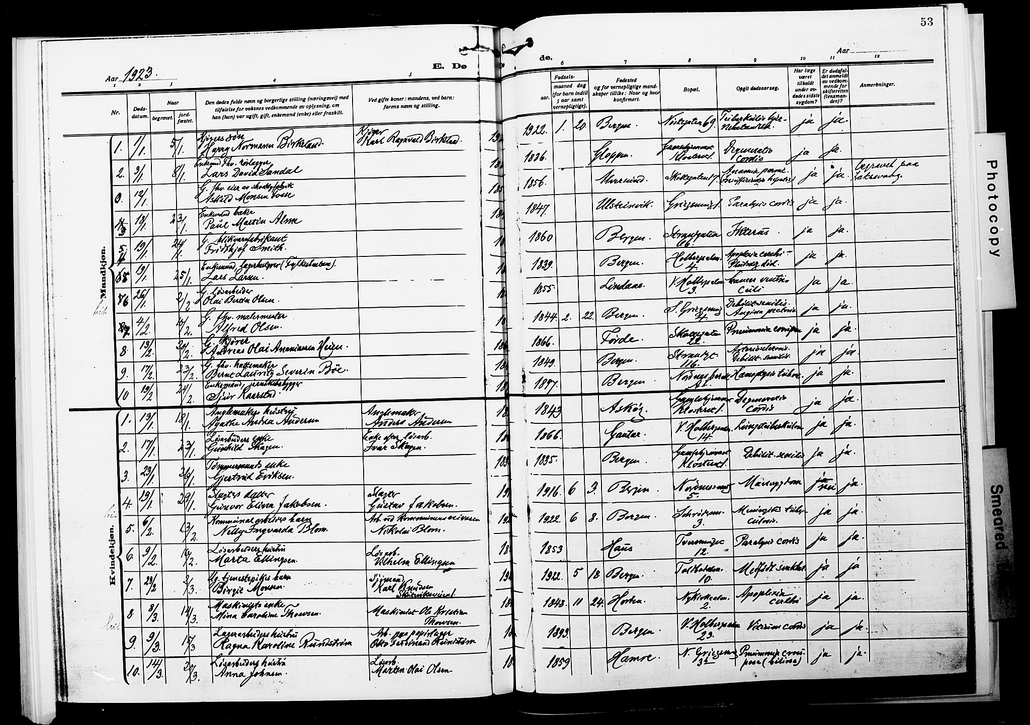 Nykirken Sokneprestembete, SAB/A-77101/H/Hab: Parish register (copy) no. E 2, 1918-1924, p. 53
