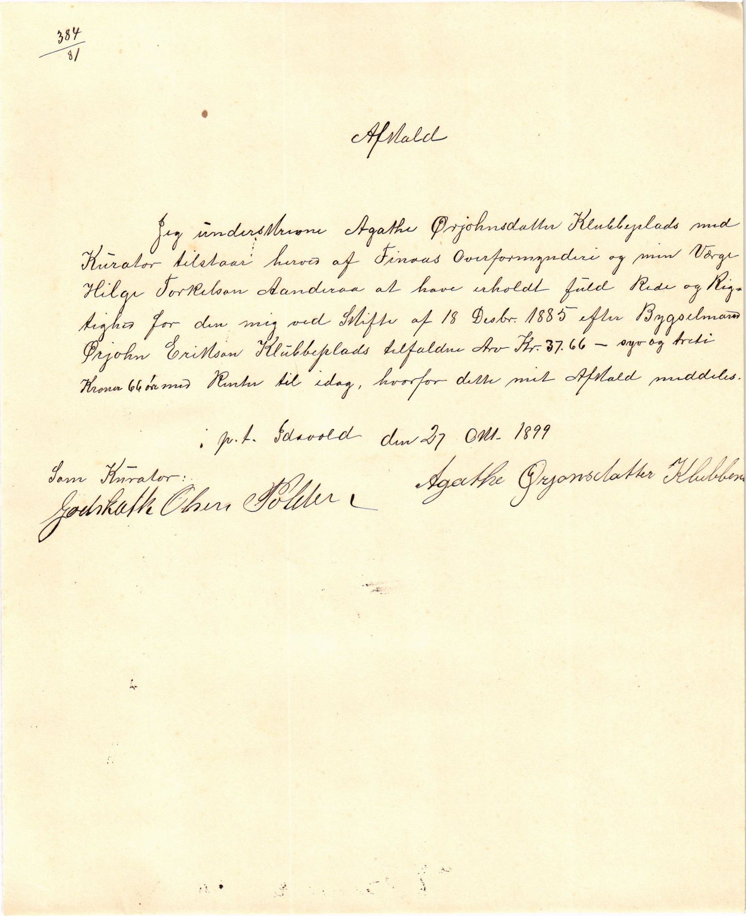 Finnaas kommune. Overformynderiet, IKAH/1218a-812/F/Fb/Fba/L0005/0003: Avkall. Kvitteringar. Mindre rulle / Avkall. Kvitteringar. Mindre rulle, 1891-1899, p. 101