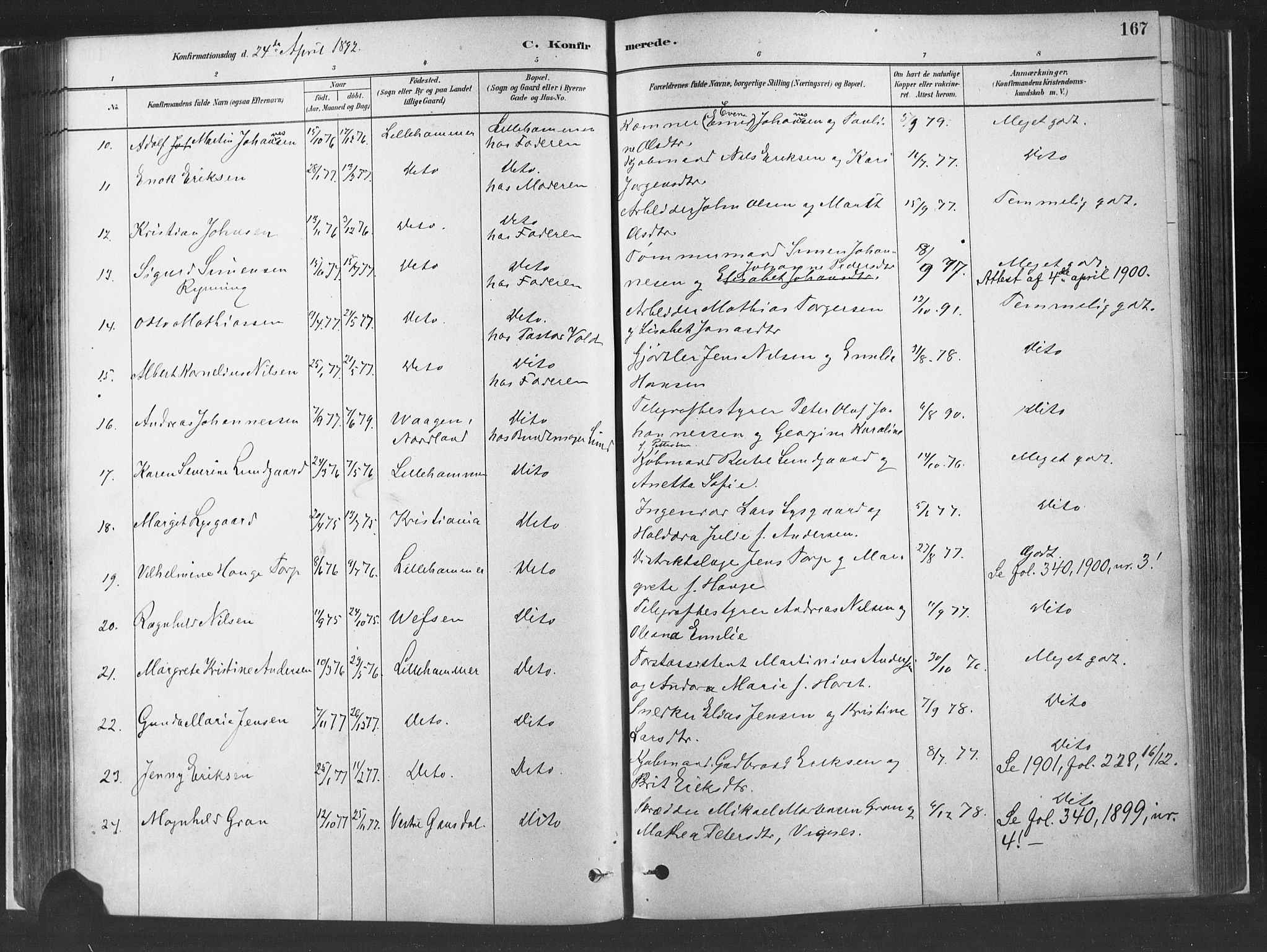 Fåberg prestekontor, SAH/PREST-086/H/Ha/Haa/L0010: Parish register (official) no. 10, 1879-1900, p. 167