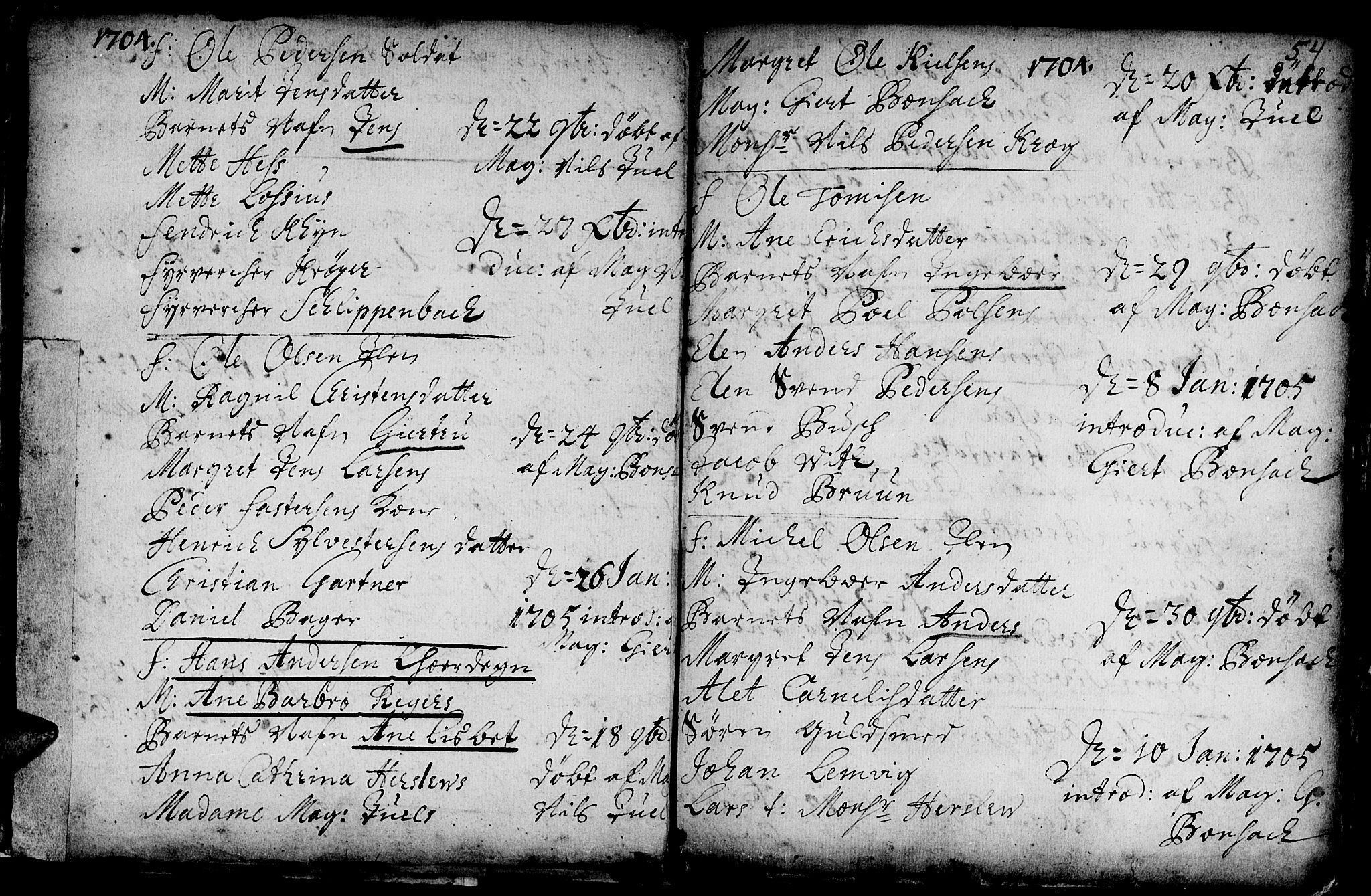 Ministerialprotokoller, klokkerbøker og fødselsregistre - Sør-Trøndelag, SAT/A-1456/601/L0034: Parish register (official) no. 601A02, 1702-1714, p. 54