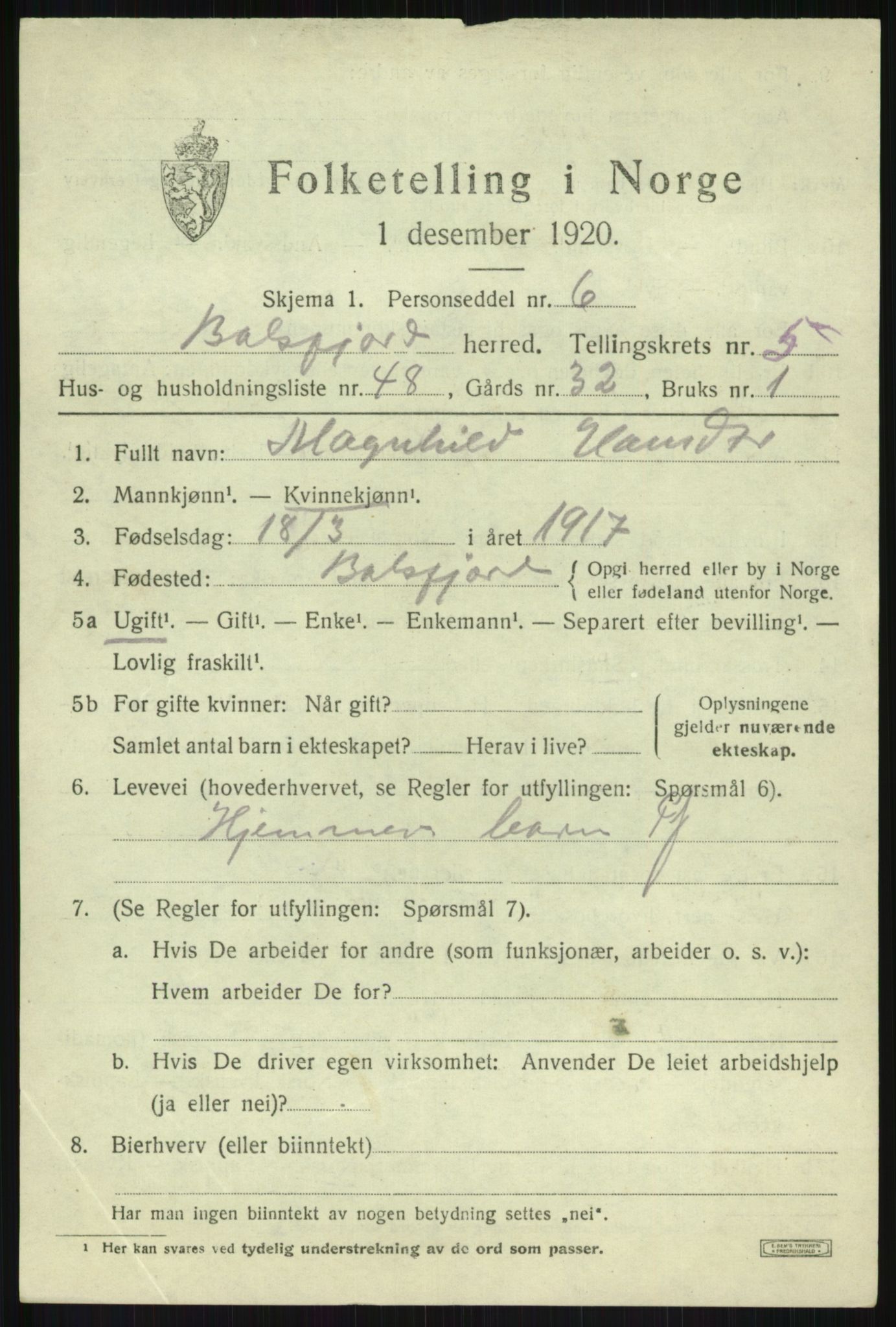 SATØ, 1920 census for Balsfjord, 1920, p. 3735