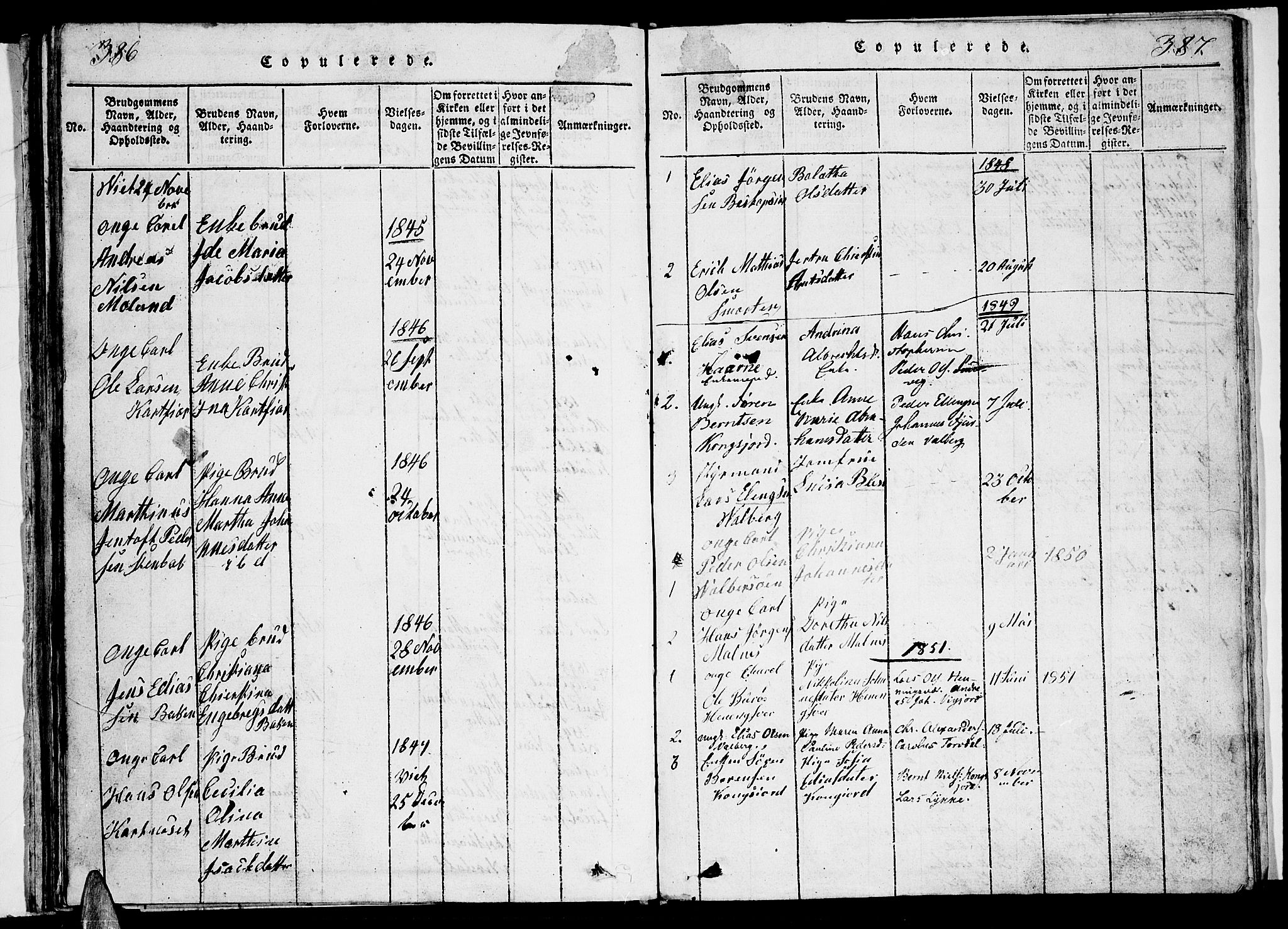 Ministerialprotokoller, klokkerbøker og fødselsregistre - Nordland, AV/SAT-A-1459/884/L1195: Parish register (copy) no. 884C01, 1837-1867, p. 386-387