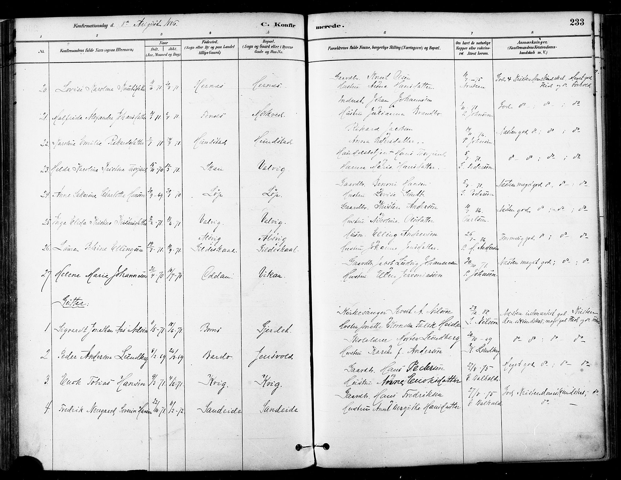 Ministerialprotokoller, klokkerbøker og fødselsregistre - Nordland, SAT/A-1459/802/L0054: Parish register (official) no. 802A01, 1879-1893, p. 233