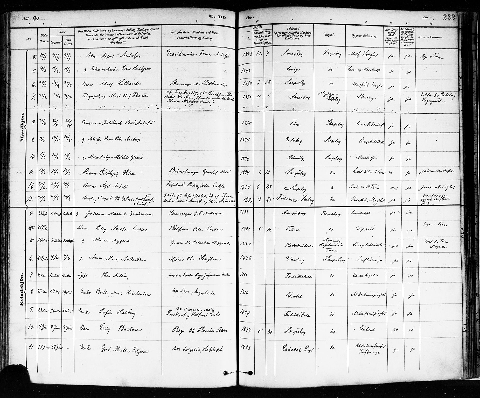 Sarpsborg prestekontor Kirkebøker, SAO/A-2006/F/Fa/L0004: Parish register (official) no. 4, 1892-1899, p. 232