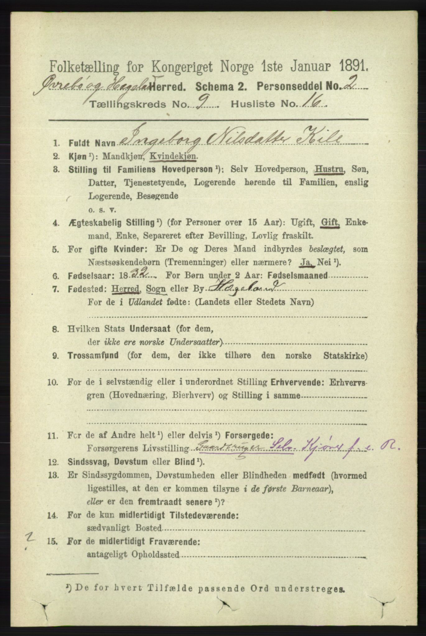 RA, 1891 census for 1016 Øvrebø og Hægeland, 1891, p. 1849