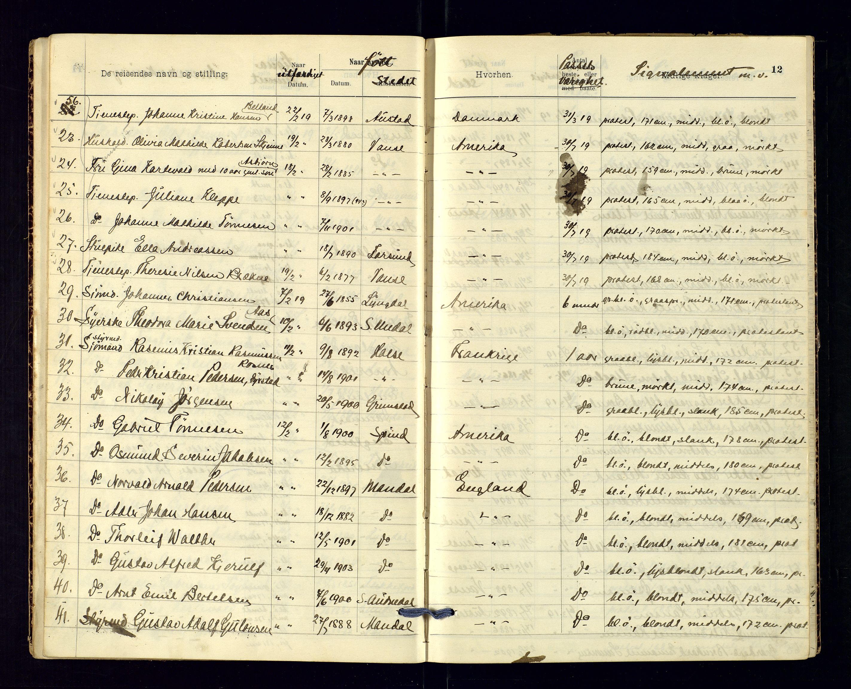 Vest-Agder politikammer, AV/SAK-1243-0008/K/Ka/L0084: Passprotokoll, 1918-1920, p. 12
