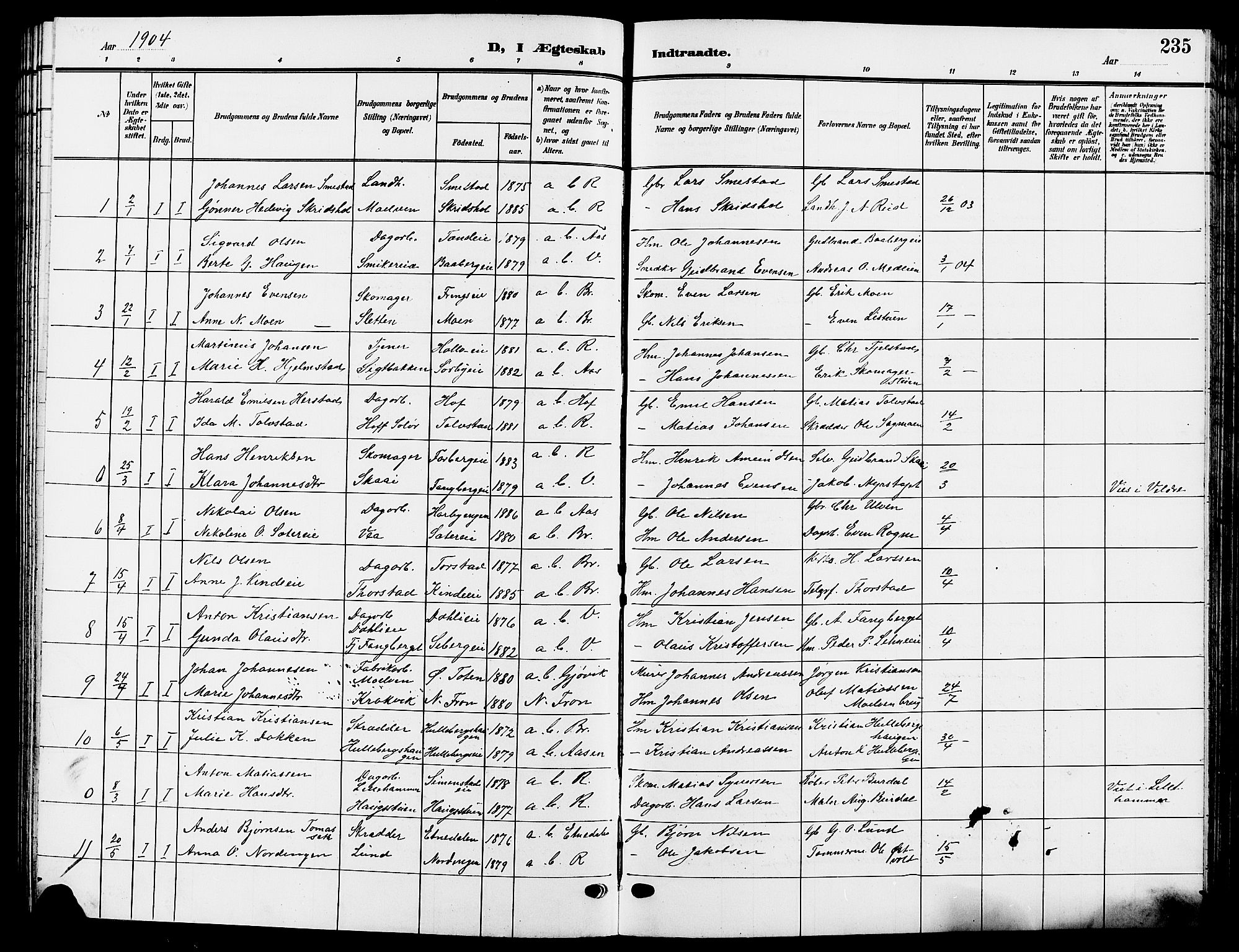 Ringsaker prestekontor, SAH/PREST-014/L/La/L0015: Parish register (copy) no. 15, 1903-1912, p. 235
