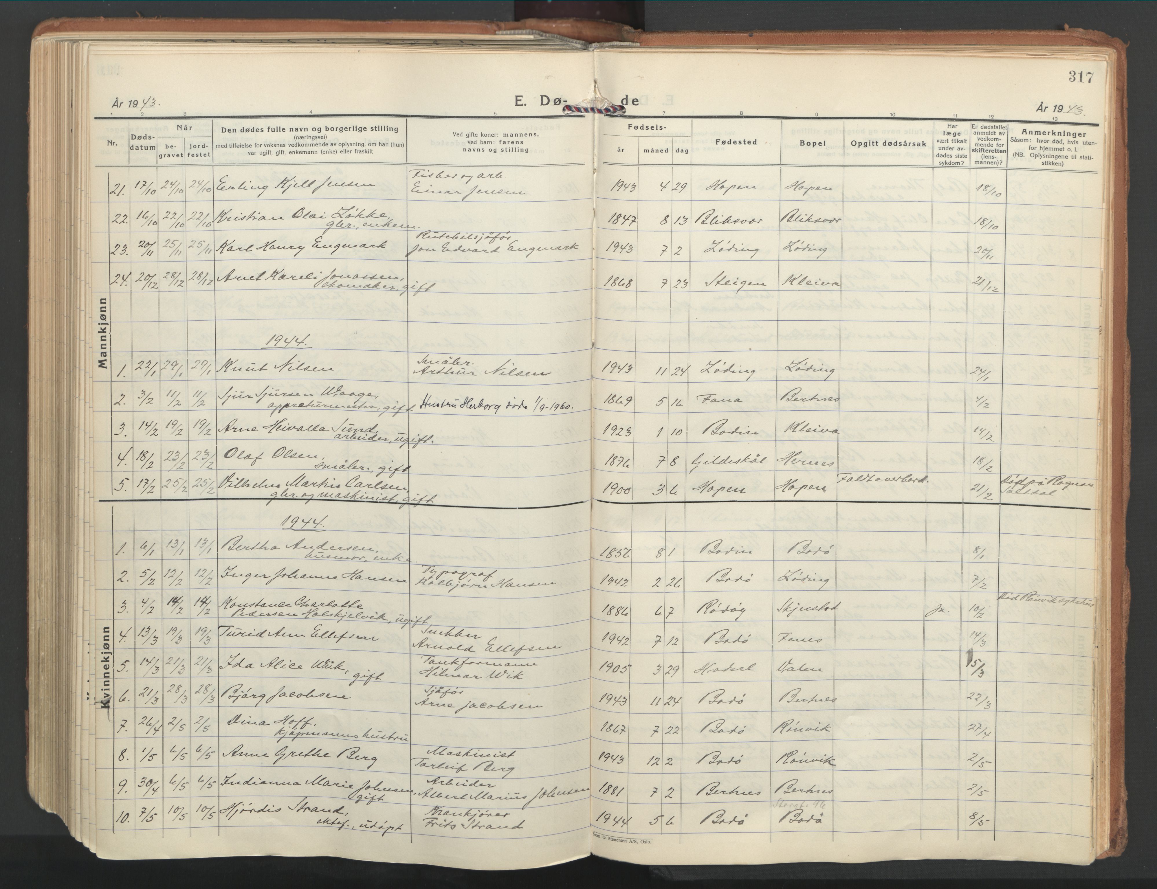 Ministerialprotokoller, klokkerbøker og fødselsregistre - Nordland, SAT/A-1459/802/L0061: Parish register (official) no. 802A08, 1933-1946, p. 317