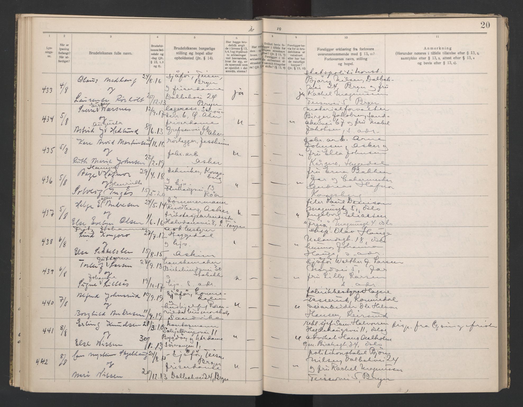 Aker sorenskriveri, AV/SAO-A-10895/L/Lb/L0002: Lysningsbok, 1942-1943, p. 20