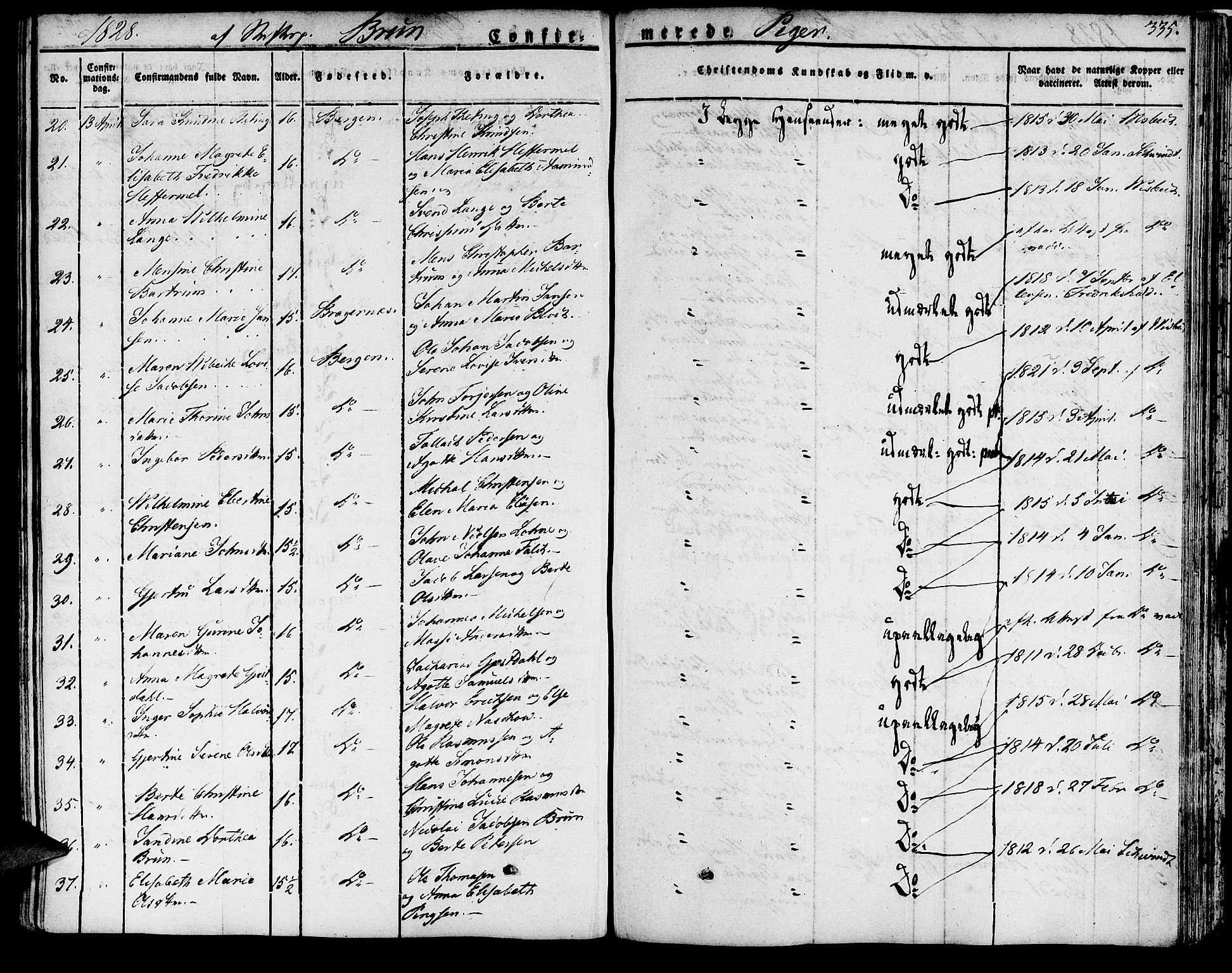 Domkirken sokneprestembete, AV/SAB-A-74801/H/Haa/L0012: Parish register (official) no. A 12, 1821-1840, p. 335