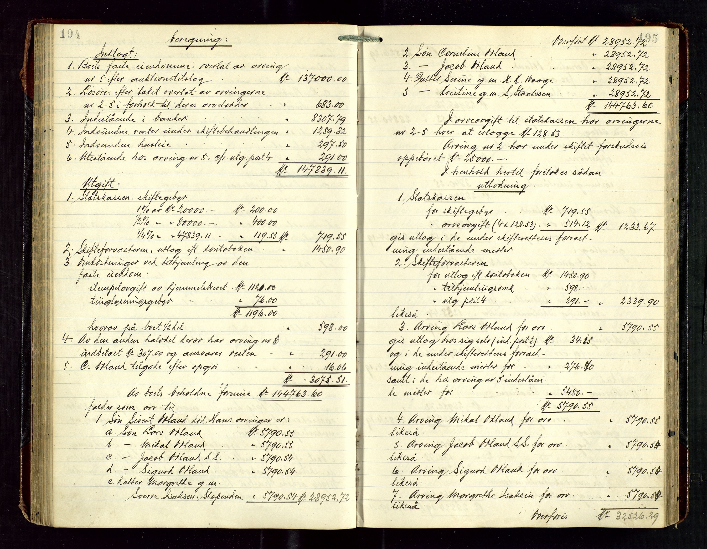 Haugesund tingrett, SAST/A-101415/01/IV/IVD/L0003: Skifteutlodningsprotokoll, med register, 1915-1924, p. 194-195