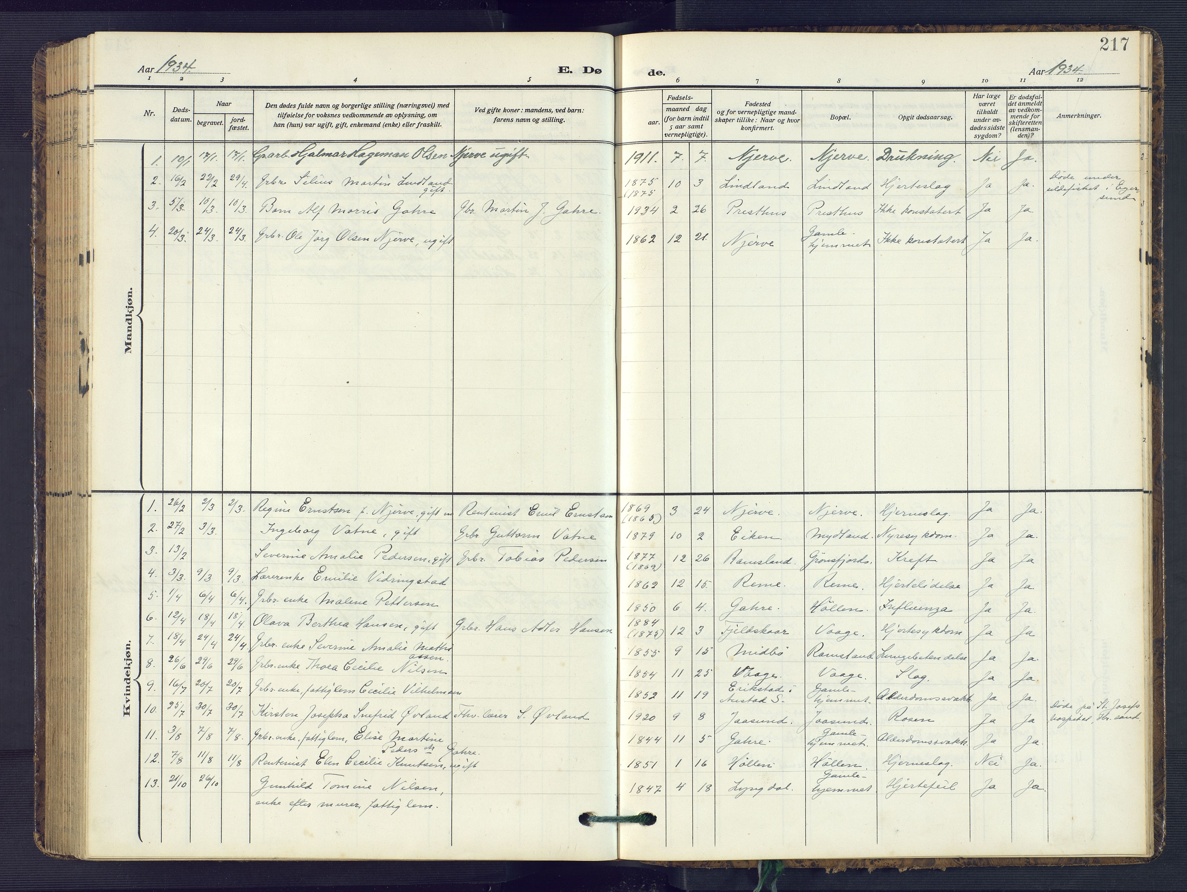 Sør-Audnedal sokneprestkontor, SAK/1111-0039/F/Fb/Fba/L0005: Parish register (copy) no. B 5, 1908-1963, p. 217