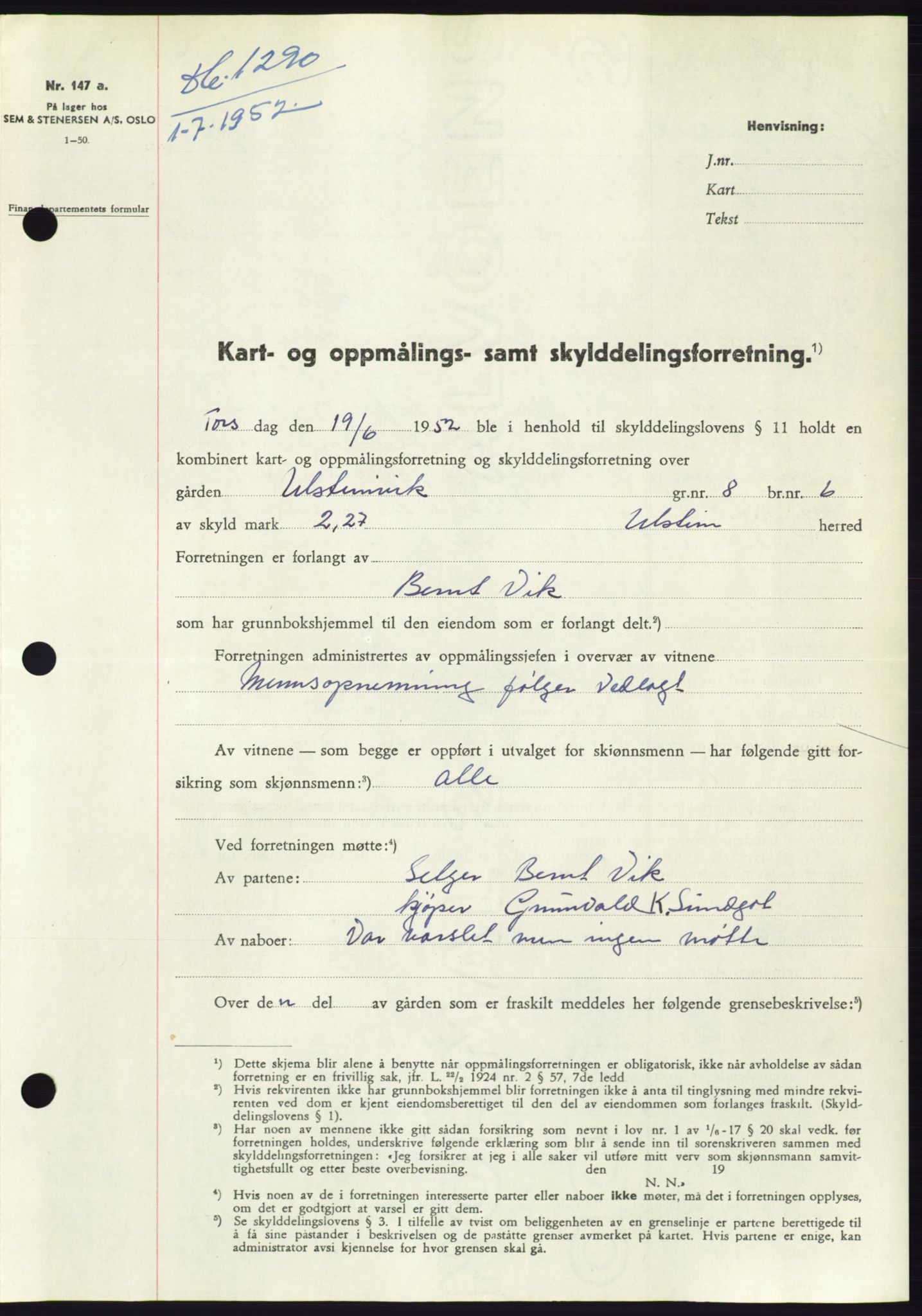 Søre Sunnmøre sorenskriveri, AV/SAT-A-4122/1/2/2C/L0092: Mortgage book no. 18A, 1952-1952, Diary no: : 1290/1952