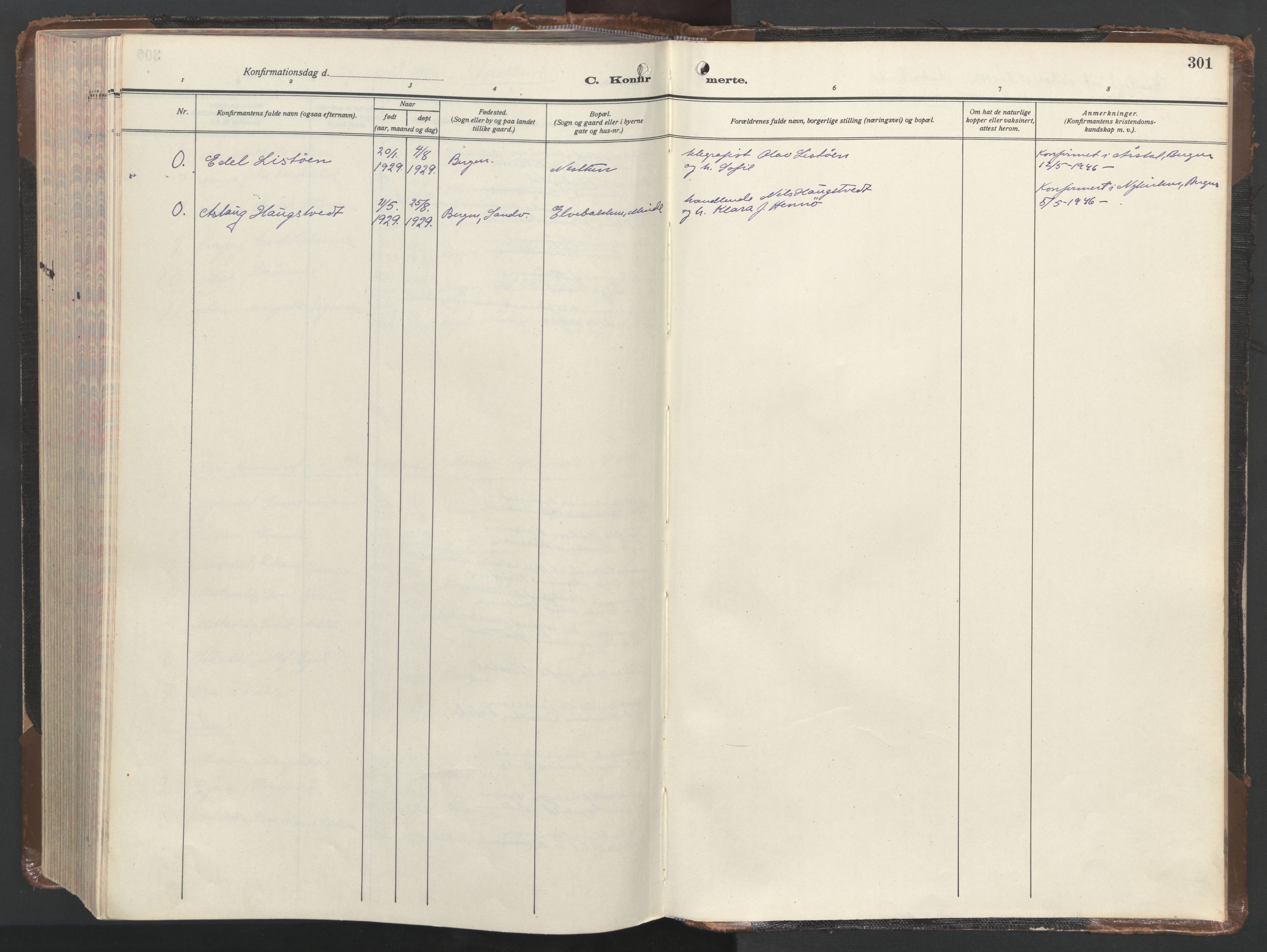 Fana Sokneprestembete, SAB/A-75101/H/Haa/Haaj/L0002: Parish register (official) no. J 2, 1936-1946, p. 301