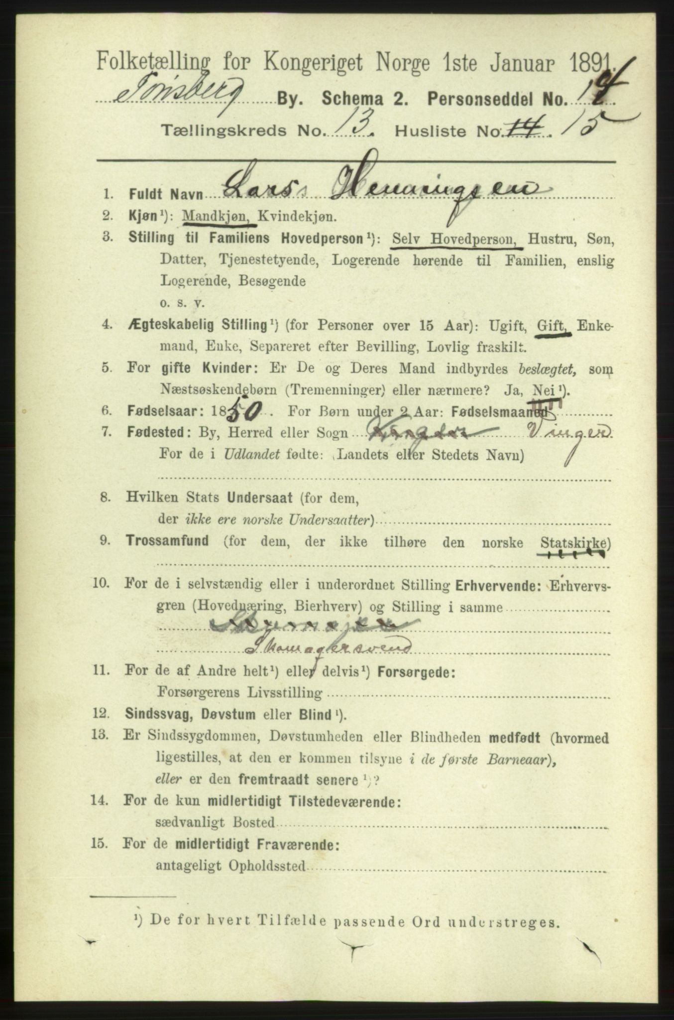 RA, 1891 census for 0705 Tønsberg, 1891, p. 4503