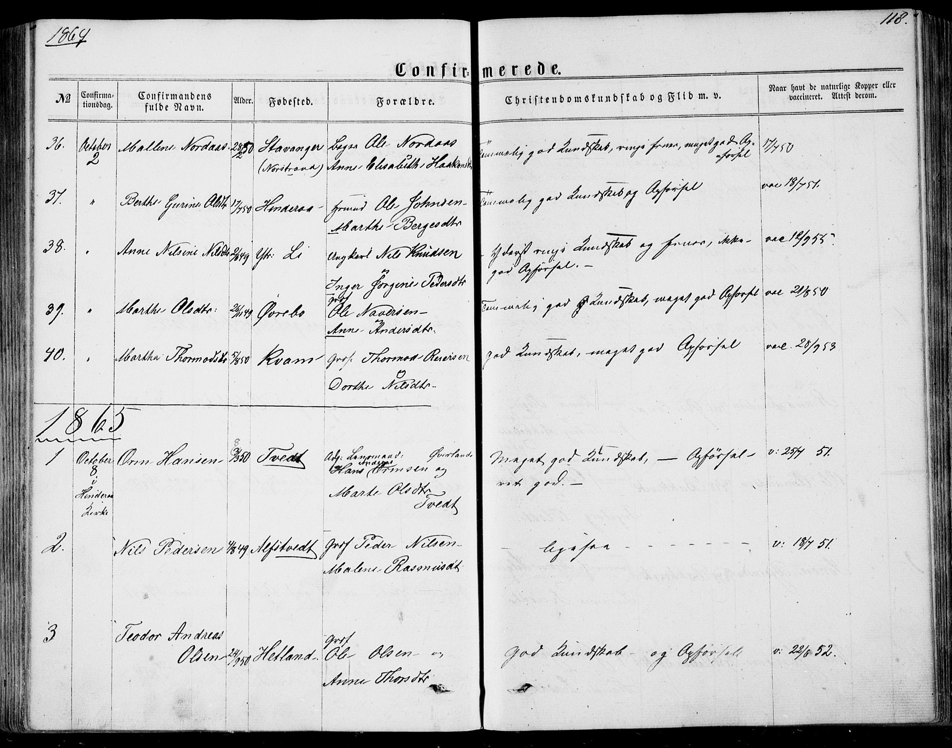 Nedstrand sokneprestkontor, AV/SAST-A-101841/01/IV: Parish register (official) no. A 9, 1861-1876, p. 118