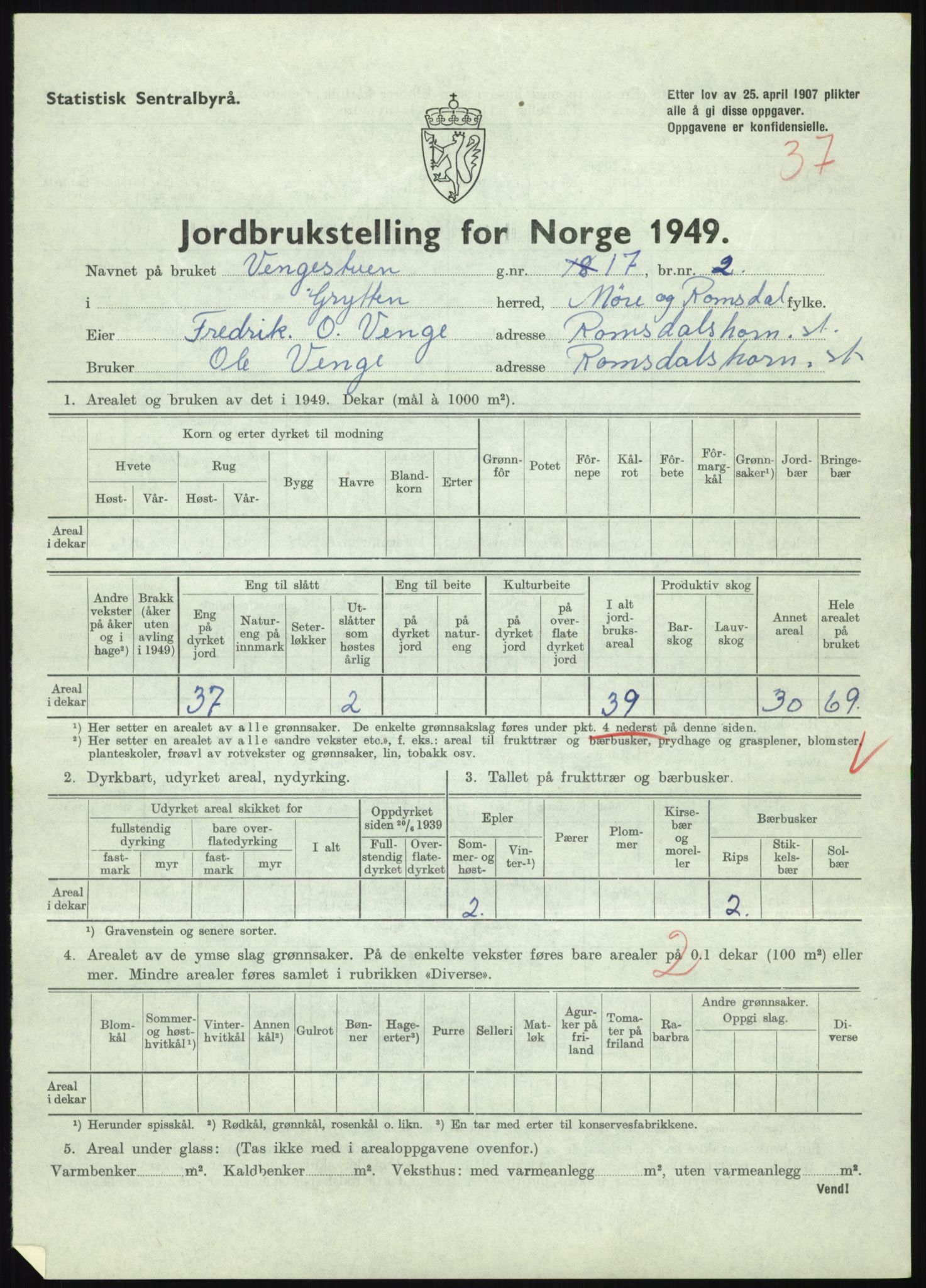 Statistisk sentralbyrå, Næringsøkonomiske emner, Jordbruk, skogbruk, jakt, fiske og fangst, AV/RA-S-2234/G/Gc/L0323: Møre og Romsdal: Grytten og Hen, 1949, p. 239