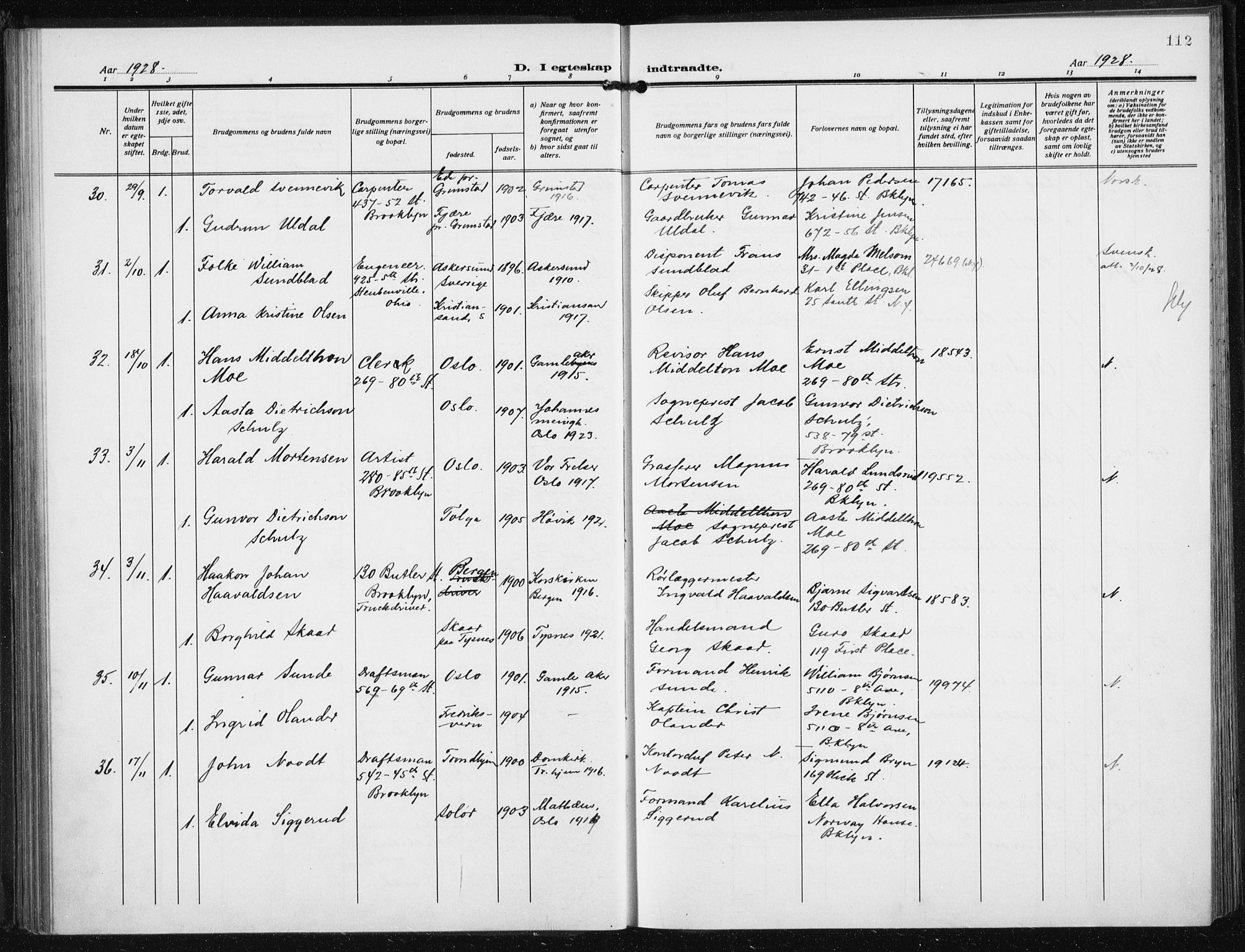 Den norske sjømannsmisjon i utlandet/New York, AV/SAB-SAB/PA-0110/H/Ha/L0008: Parish register (official) no. A 8, 1923-1935, p. 112