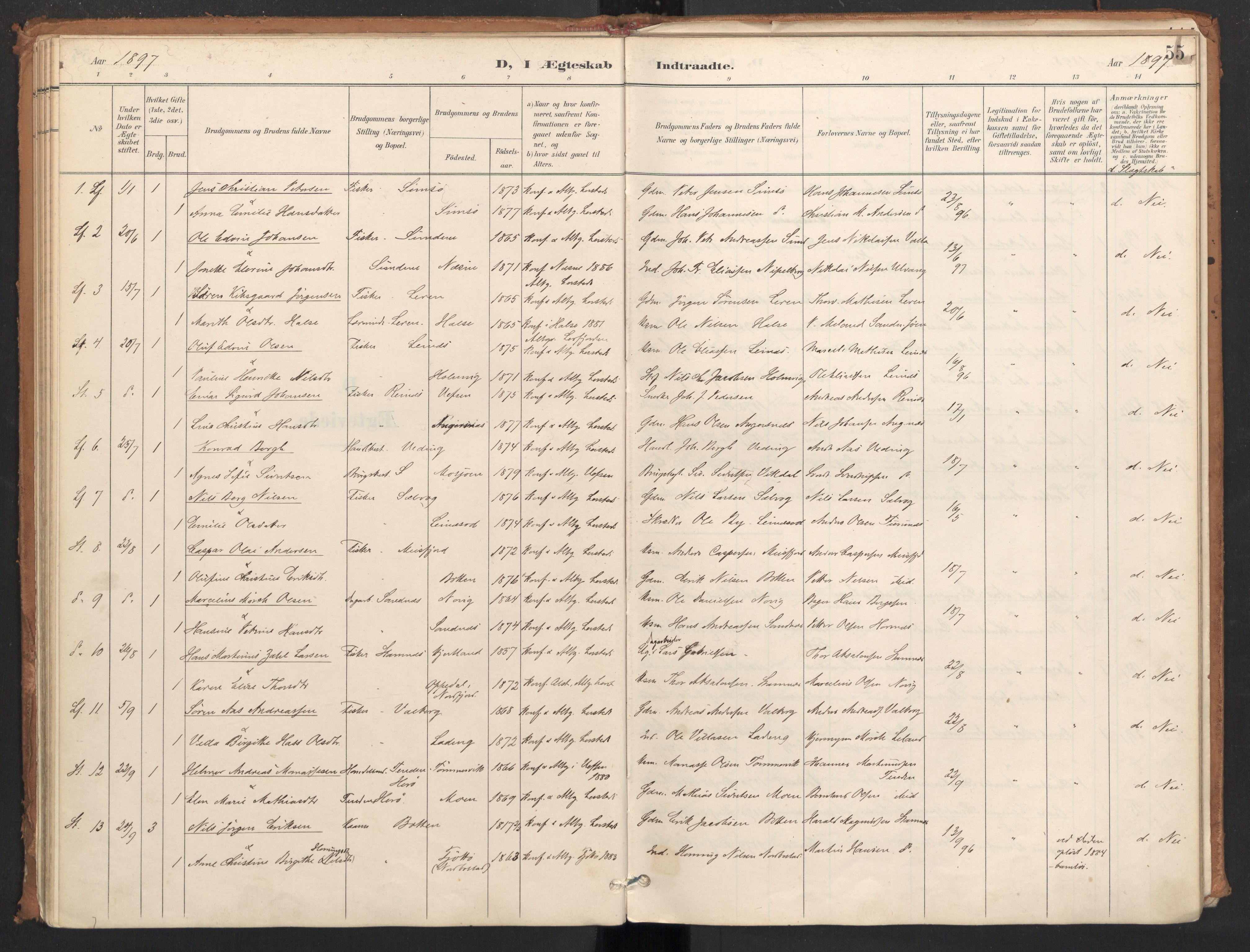 Ministerialprotokoller, klokkerbøker og fødselsregistre - Nordland, AV/SAT-A-1459/831/L0472: Parish register (official) no. 831A03, 1897-1912, p. 55