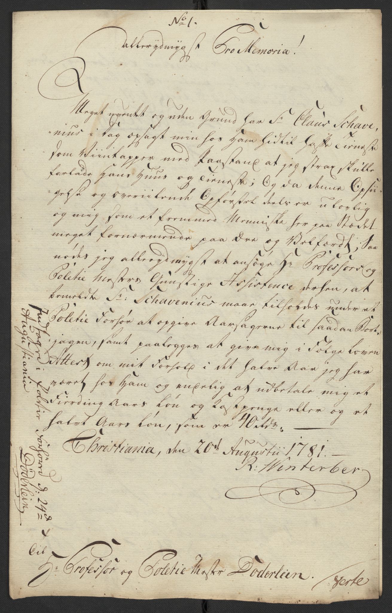 Oslo politidistrikt, AV/SAO-A-10085/D/Da/L0003: Innkomne brev, pro memoria m.v., 1781, p. 174