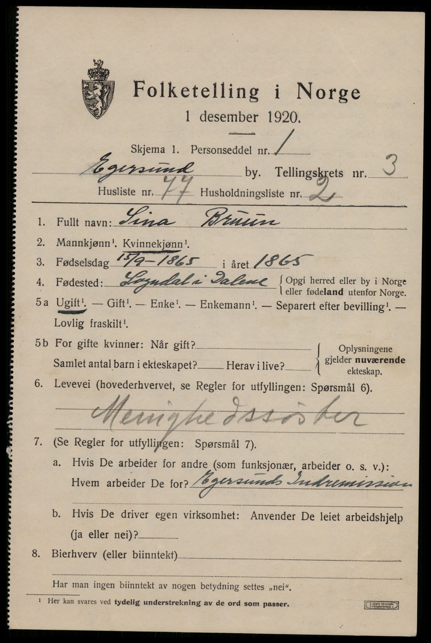SAST, 1920 census for Egersund town, 1920, p. 5988