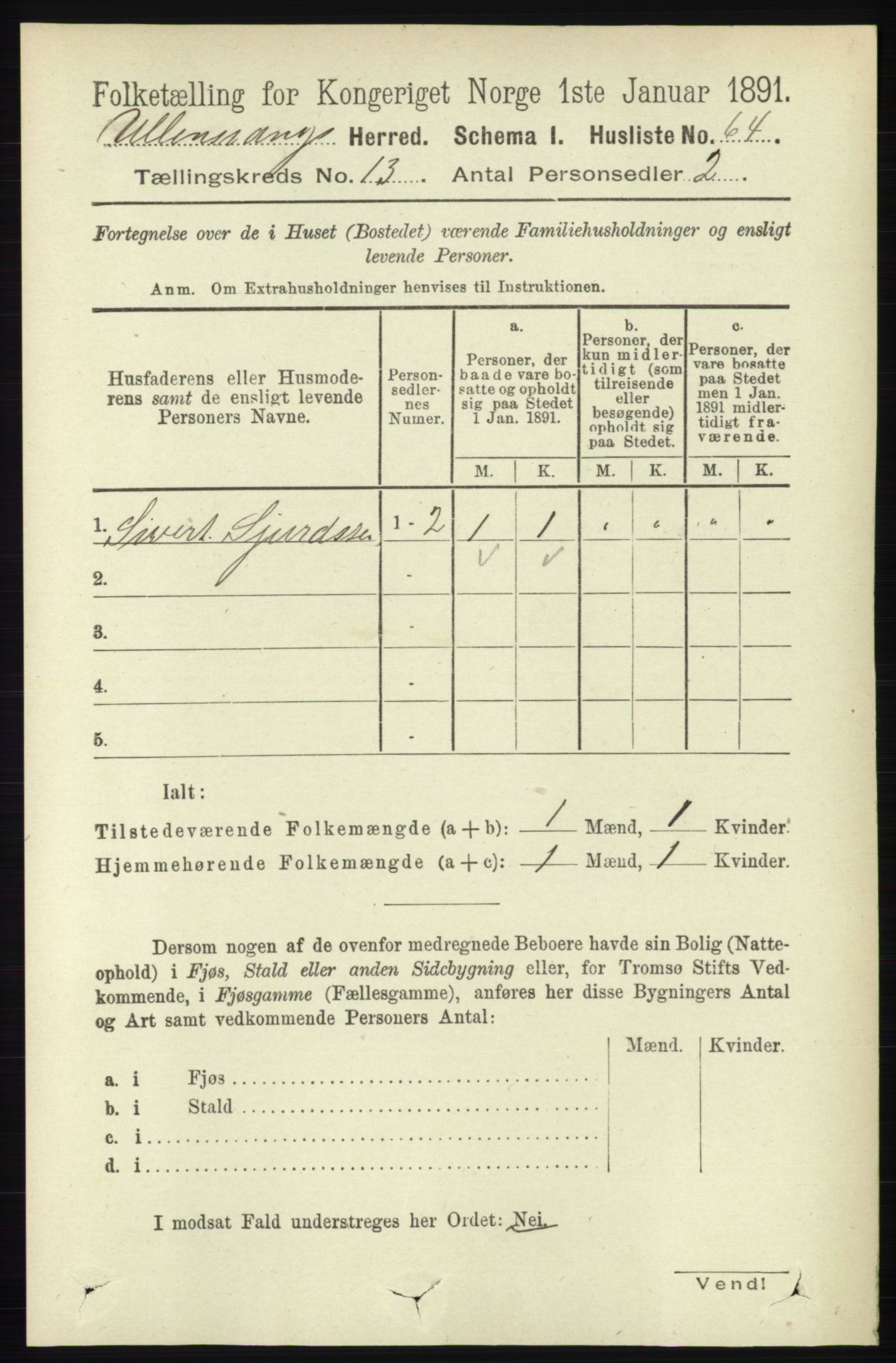 RA, 1891 census for 1230 Ullensvang, 1891, p. 5085