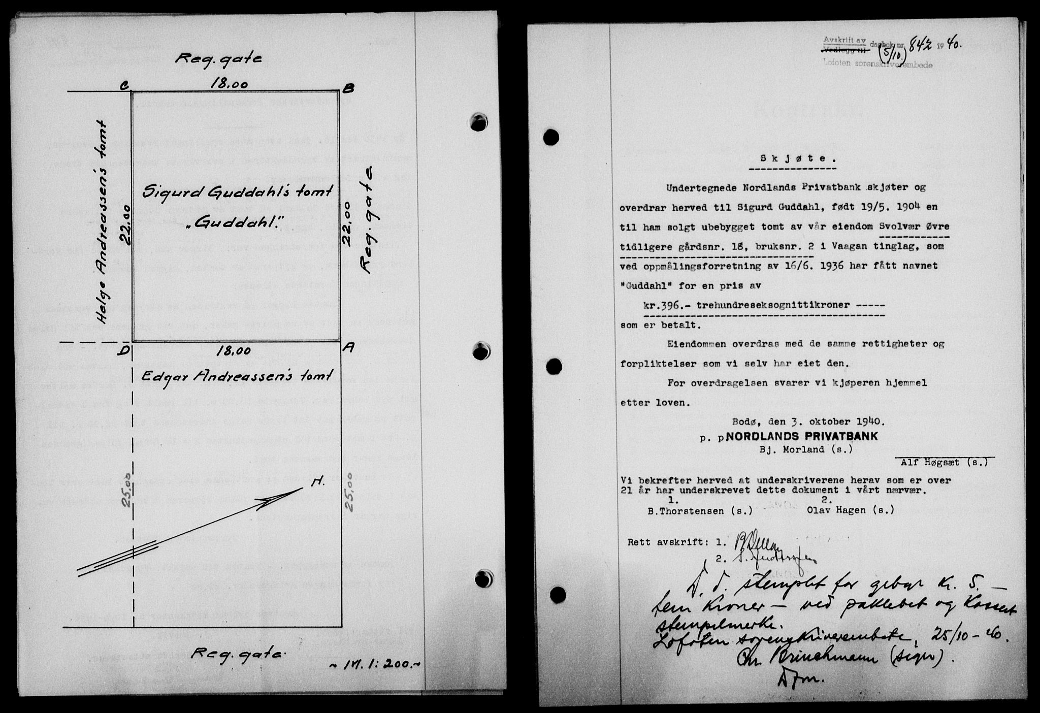 Lofoten sorenskriveri, SAT/A-0017/1/2/2C/L0007a: Mortgage book no. 7a, 1939-1940, Diary no: : 842/1940