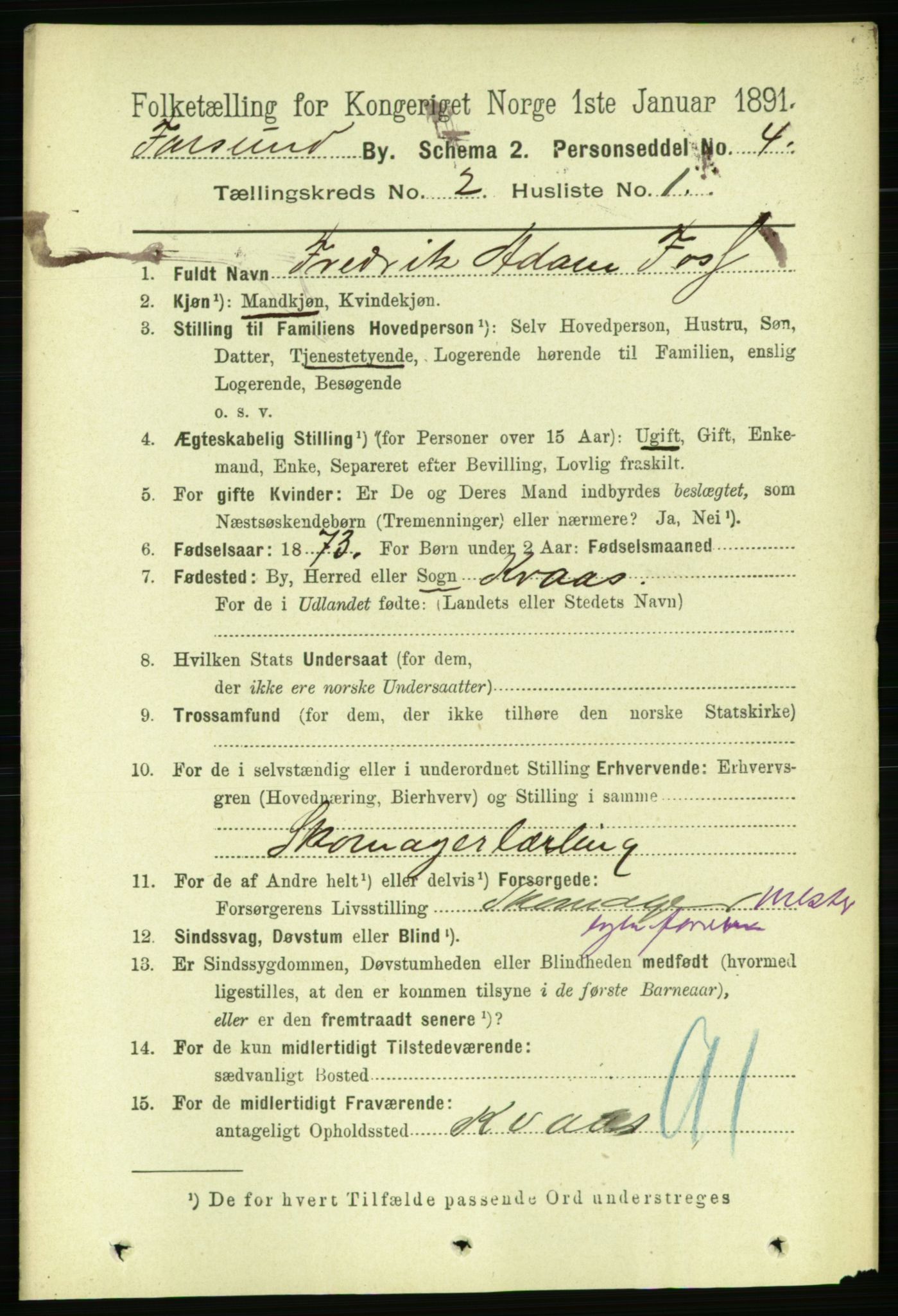 RA, 1891 census for 1003 Farsund, 1891, p. 957