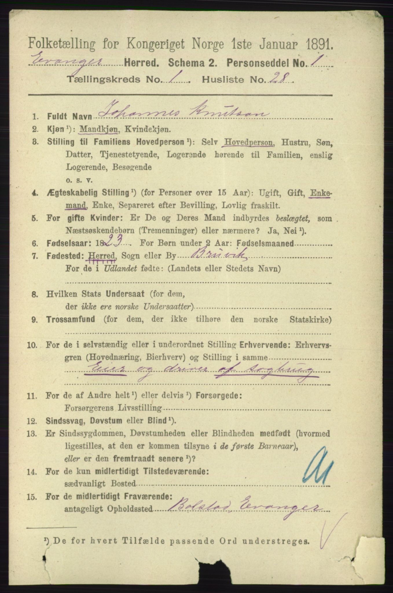 RA, 1891 census for 1237 Evanger, 1891, p. 252