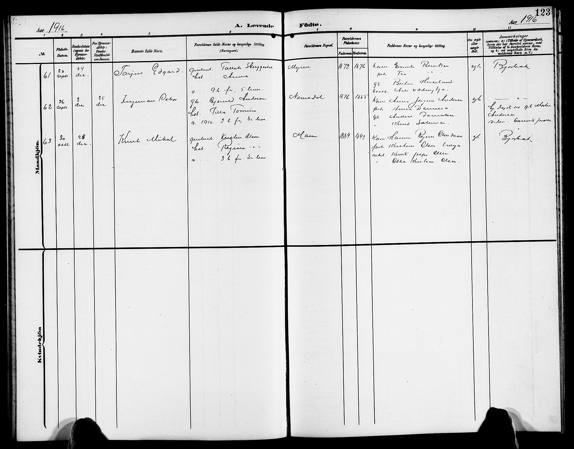 Øyestad sokneprestkontor, AV/SAK-1111-0049/F/Fb/L0011: Parish register (copy) no. B 11, 1906-1918, p. 123