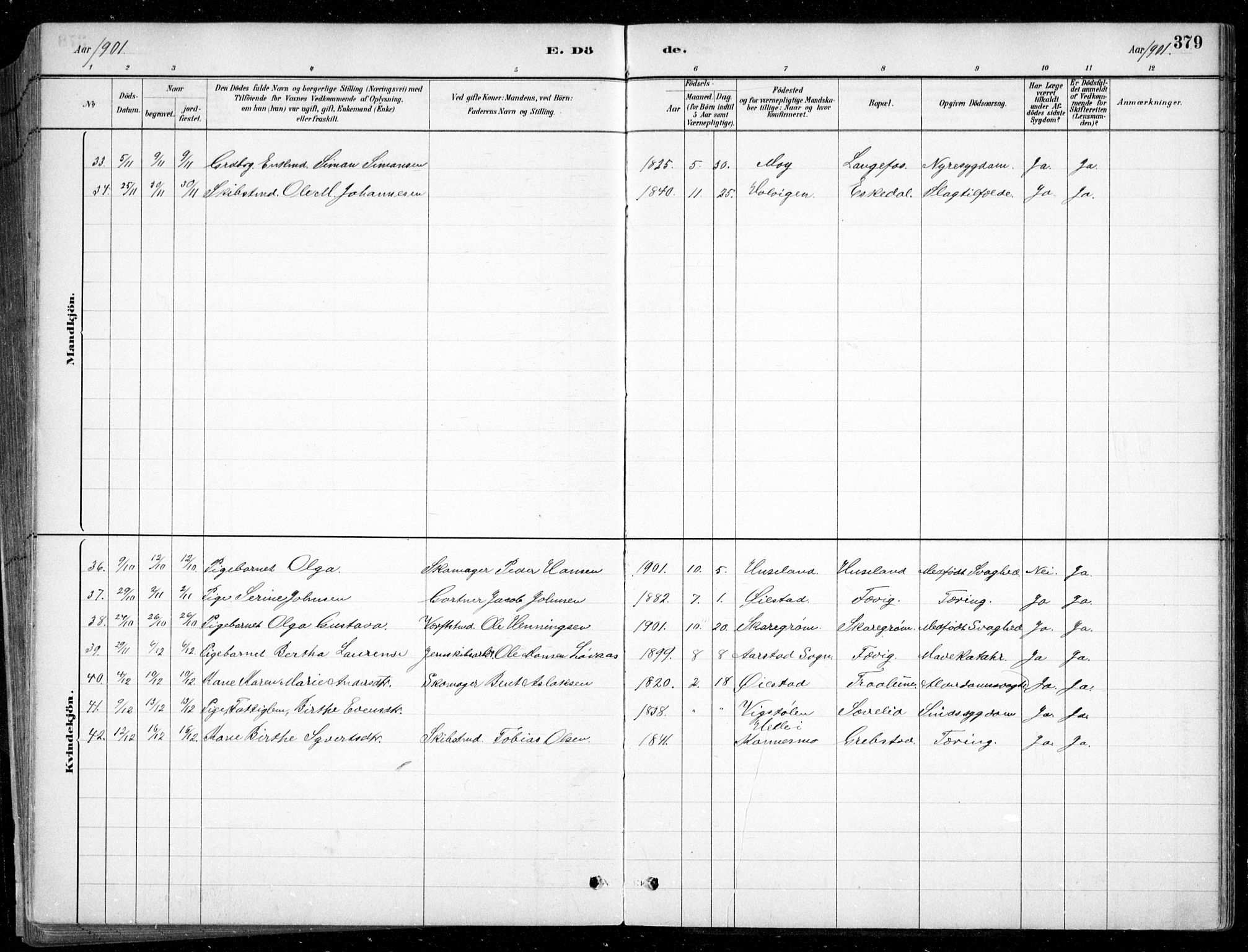 Fjære sokneprestkontor, SAK/1111-0011/F/Fb/L0011: Parish register (copy) no. B 11, 1881-1905, p. 379