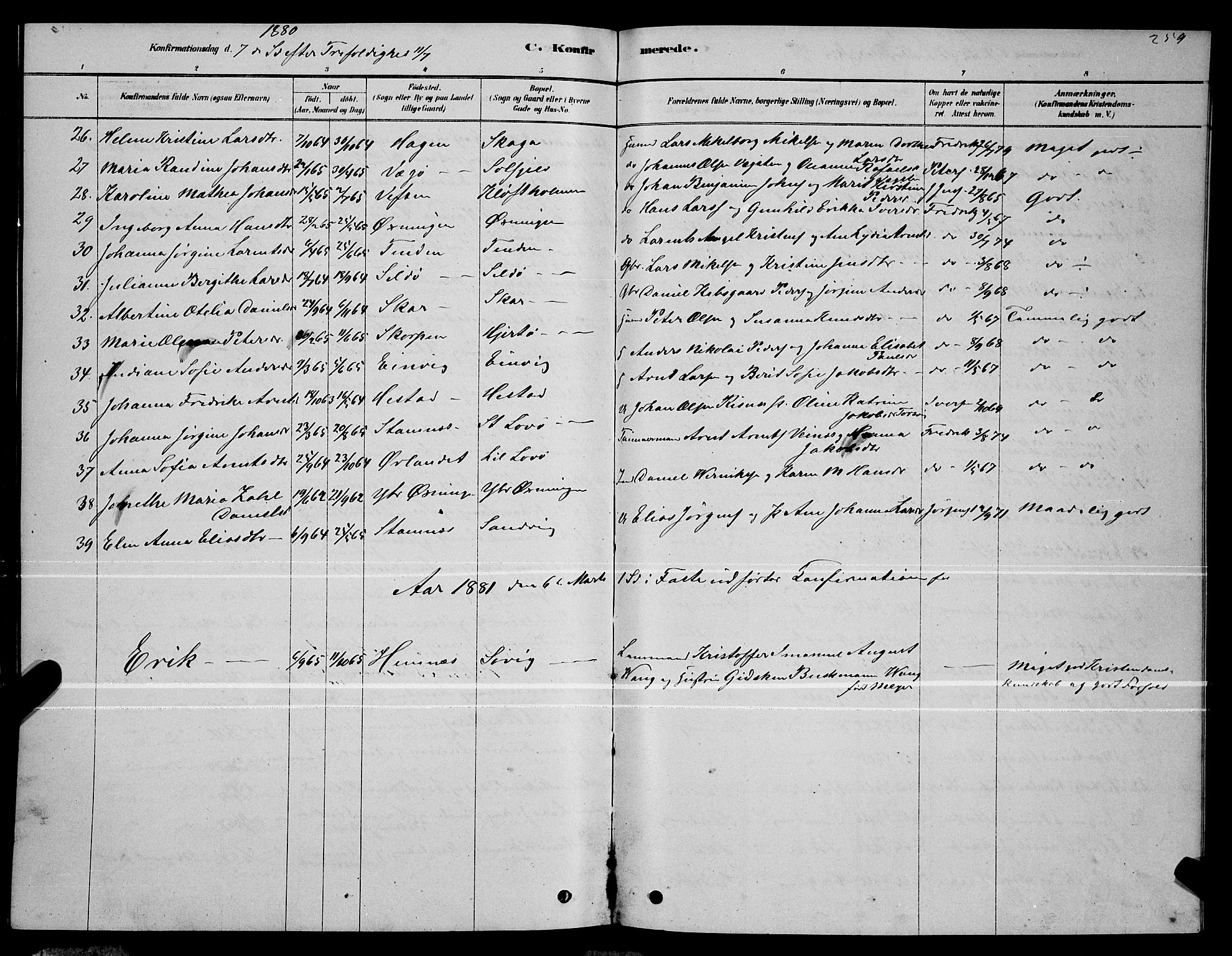 Ministerialprotokoller, klokkerbøker og fødselsregistre - Nordland, AV/SAT-A-1459/834/L0513: Parish register (copy) no. 834C04, 1877-1892, p. 259