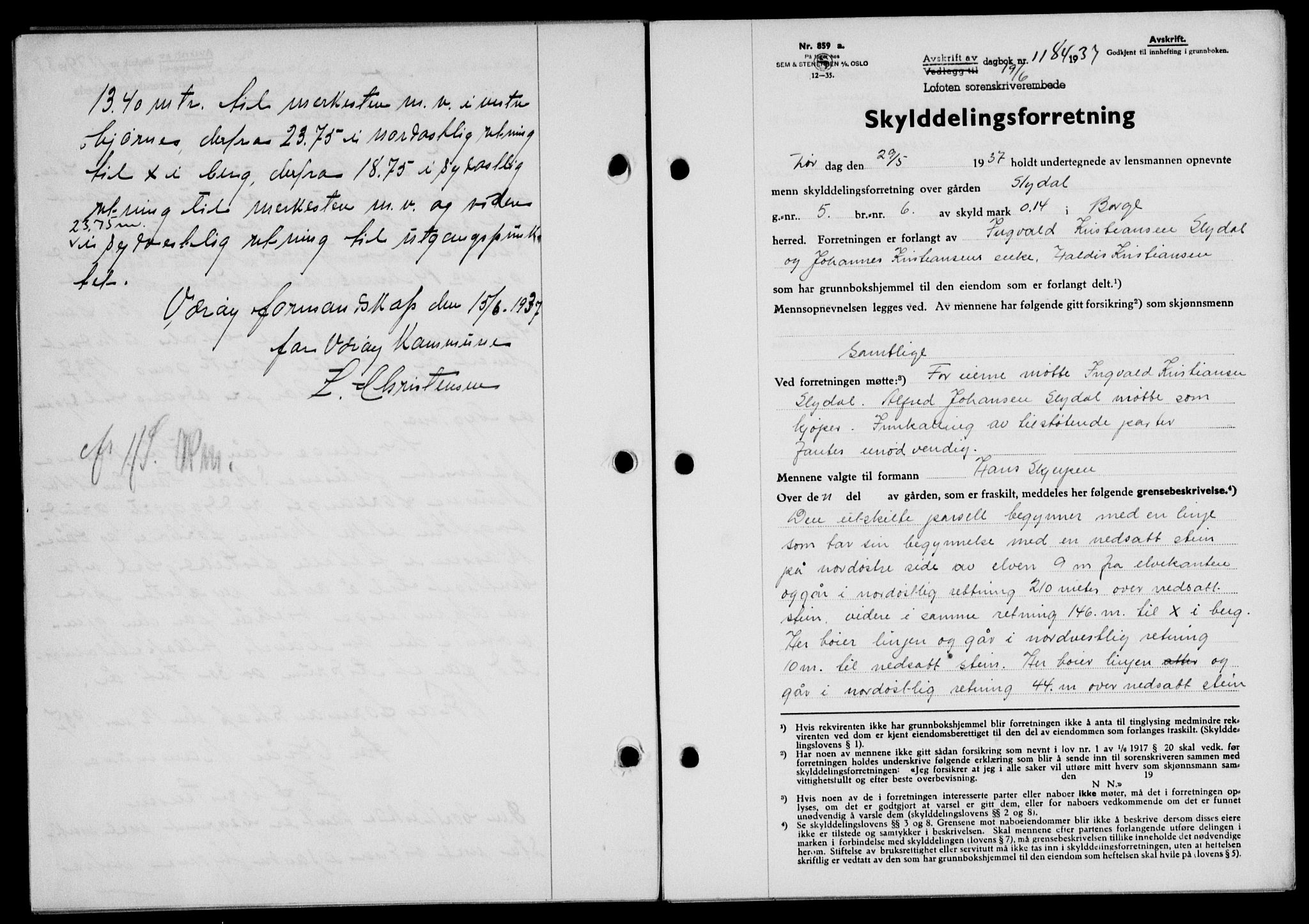 Lofoten sorenskriveri, SAT/A-0017/1/2/2C/L0002a: Mortgage book no. 2a, 1937-1937, Diary no: : 1184/1937