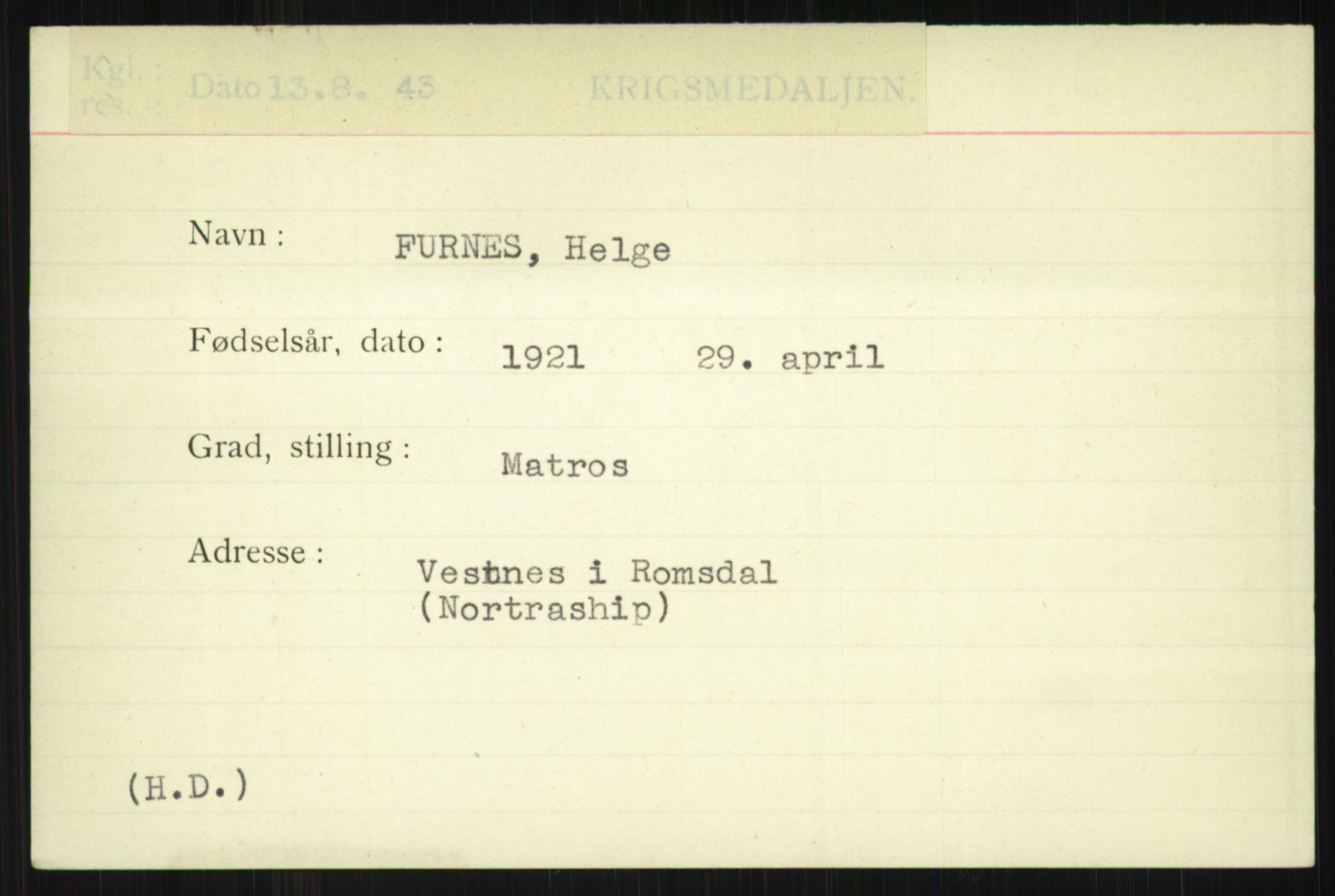 Direktoratet for sjømenn, AV/RA-S-3545/G/Gi/L0005: Alfabetisk ordnet kartotek over krigsdekorasjoner tildelt nordmenn under krigen, Ekeberg - Hendriksen, 1940-1945, p. 647