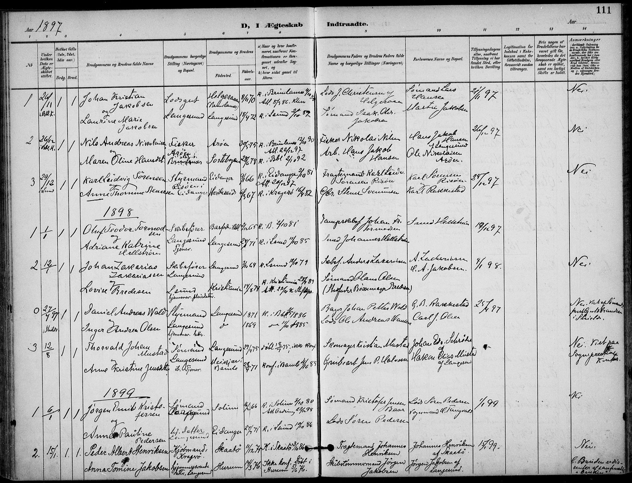 Langesund kirkebøker, AV/SAKO-A-280/F/Fa/L0003: Parish register (official) no. 3, 1893-1907, p. 111