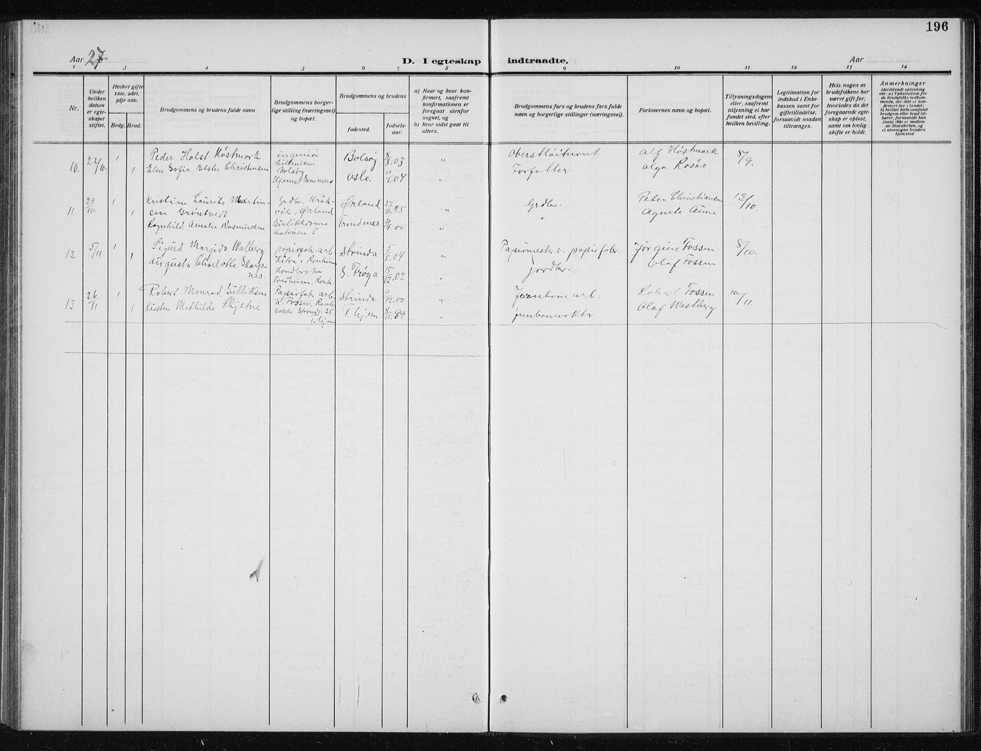 Ministerialprotokoller, klokkerbøker og fødselsregistre - Sør-Trøndelag, SAT/A-1456/606/L0314: Parish register (copy) no. 606C10, 1911-1937, p. 196
