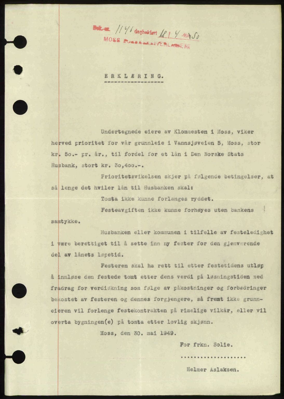 Moss sorenskriveri, SAO/A-10168: Mortgage book no. A25, 1950-1950, Diary no: : 1146/1950