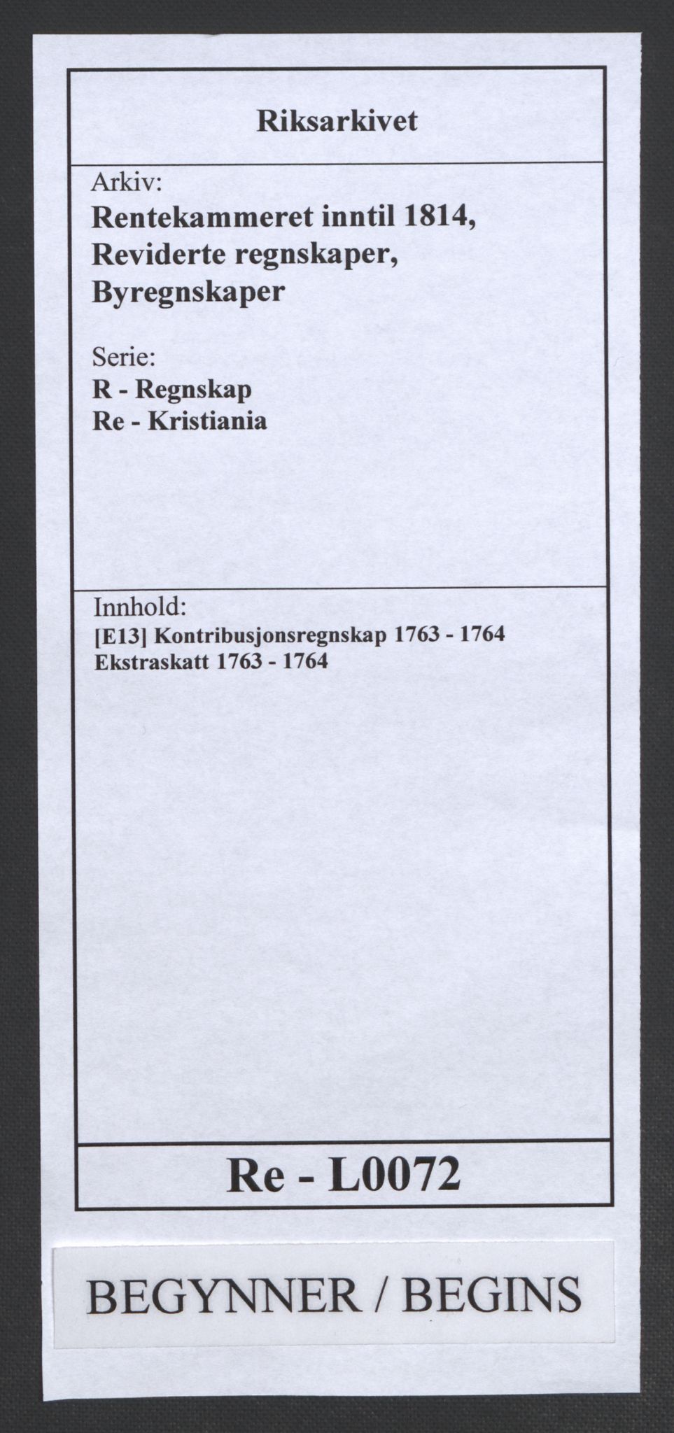 Rentekammeret inntil 1814, Reviderte regnskaper, Byregnskaper, RA/EA-4066/R/Re/L0072/0001: [E13] Kontribusjonsregnskap / Ekstraskatt, 1763-1764, p. 1