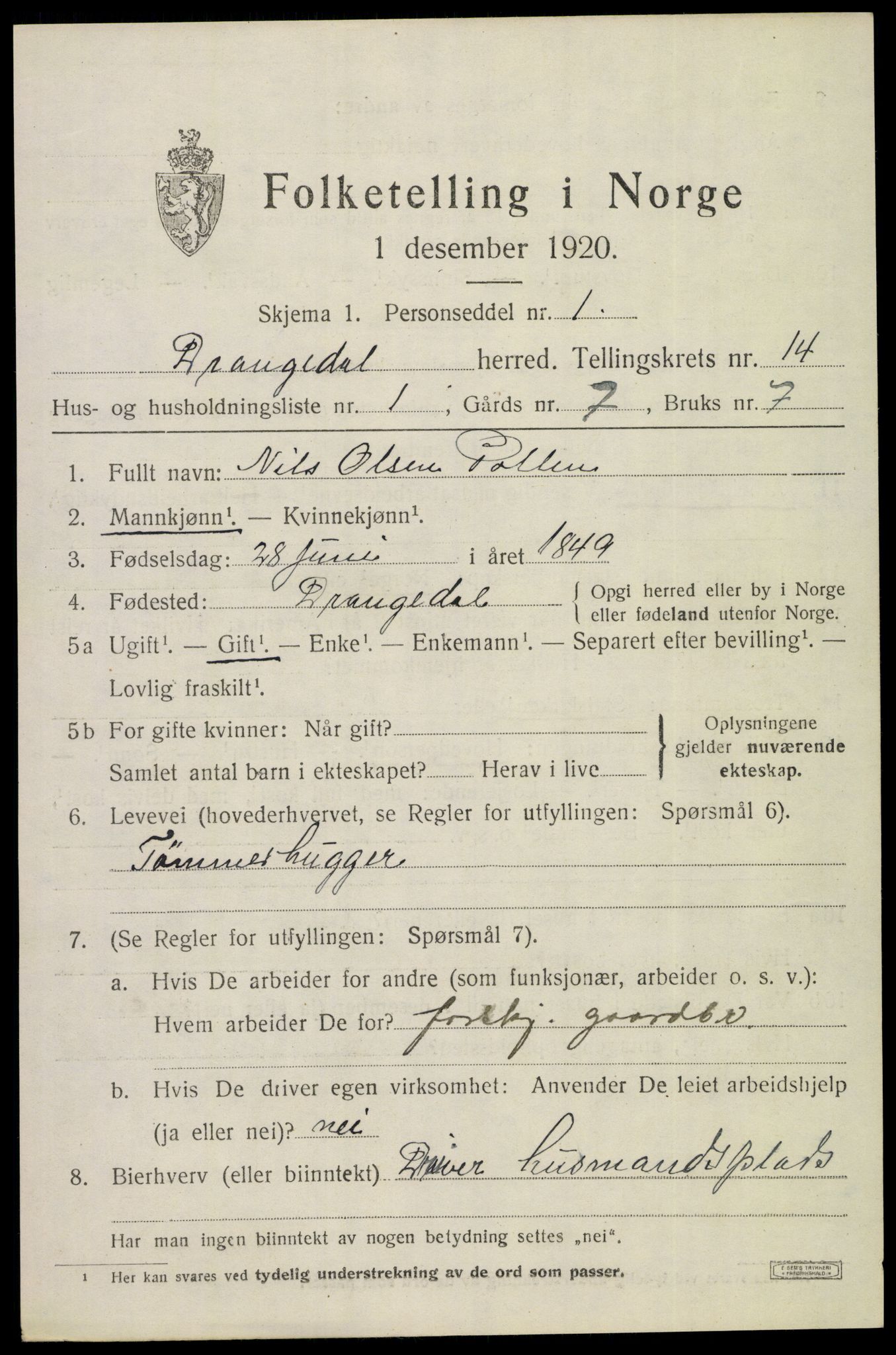 SAKO, 1920 census for Drangedal, 1920, p. 7487