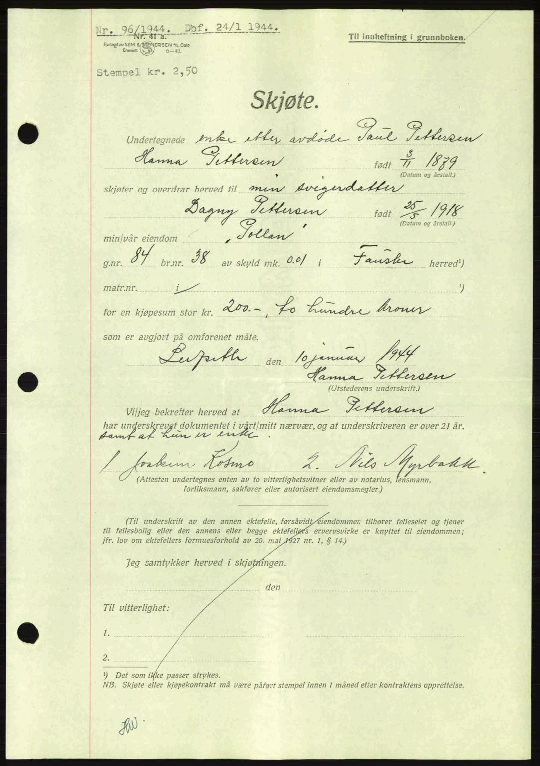 Salten sorenskriveri, AV/SAT-A-4578/1/2/2C: Mortgage book no. A14-15, 1943-1945, Diary no: : 96/1944