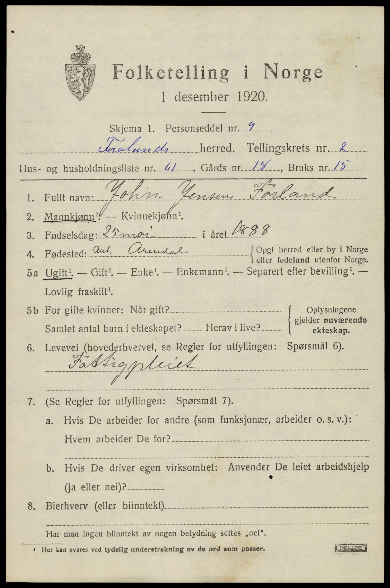 SAK, 1920 census for Froland, 1920, p. 2513